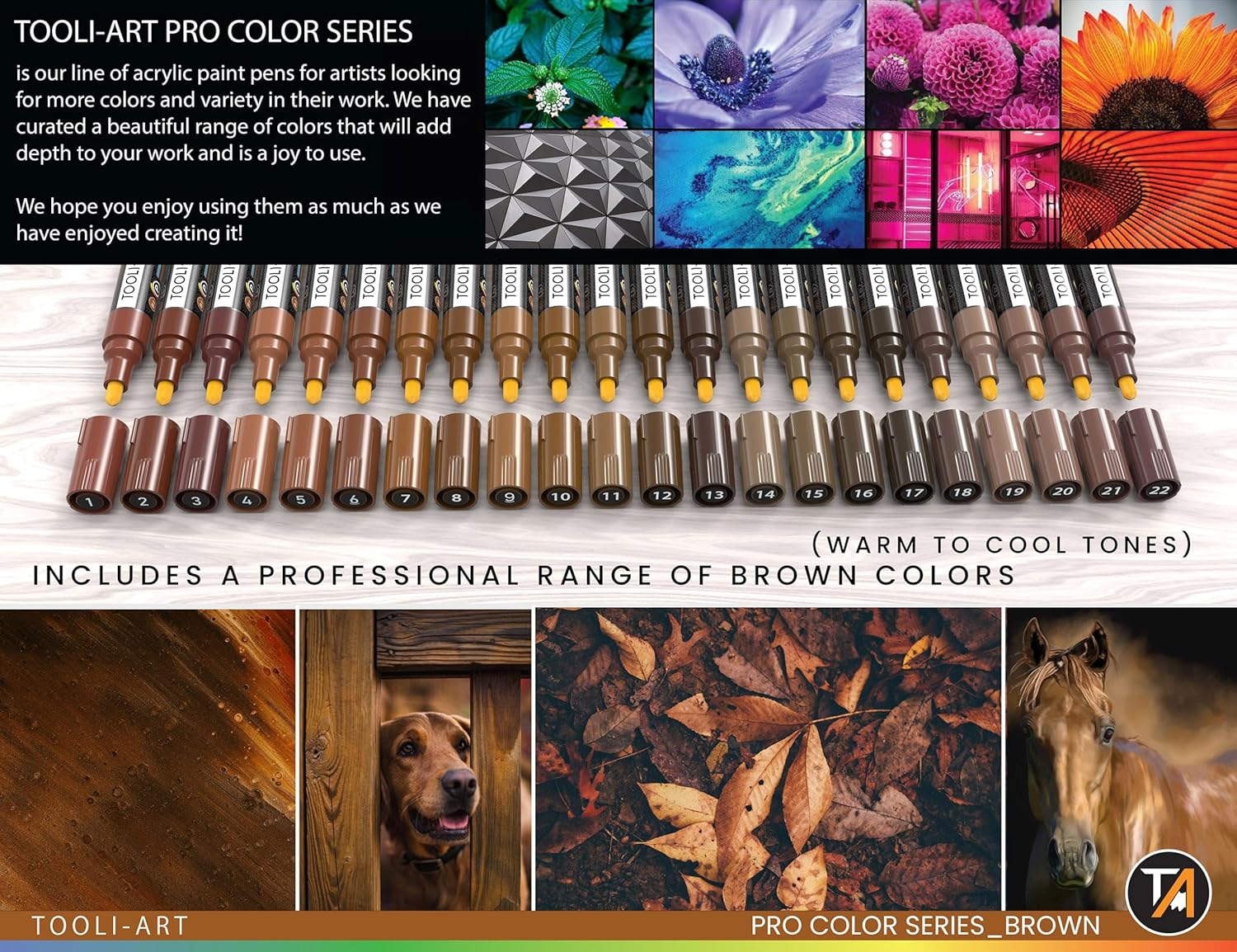 TOOLI-ART 22 Acrylic Paint Markers Paint Pens Pro Color Series Set 3mm Medium Tip for Rock Painting, Glass, Mugs, Wood, Metal, Glass Paint, Canvas, DIY. Non Toxic, Waterbased, Quick Drying (BROWN)