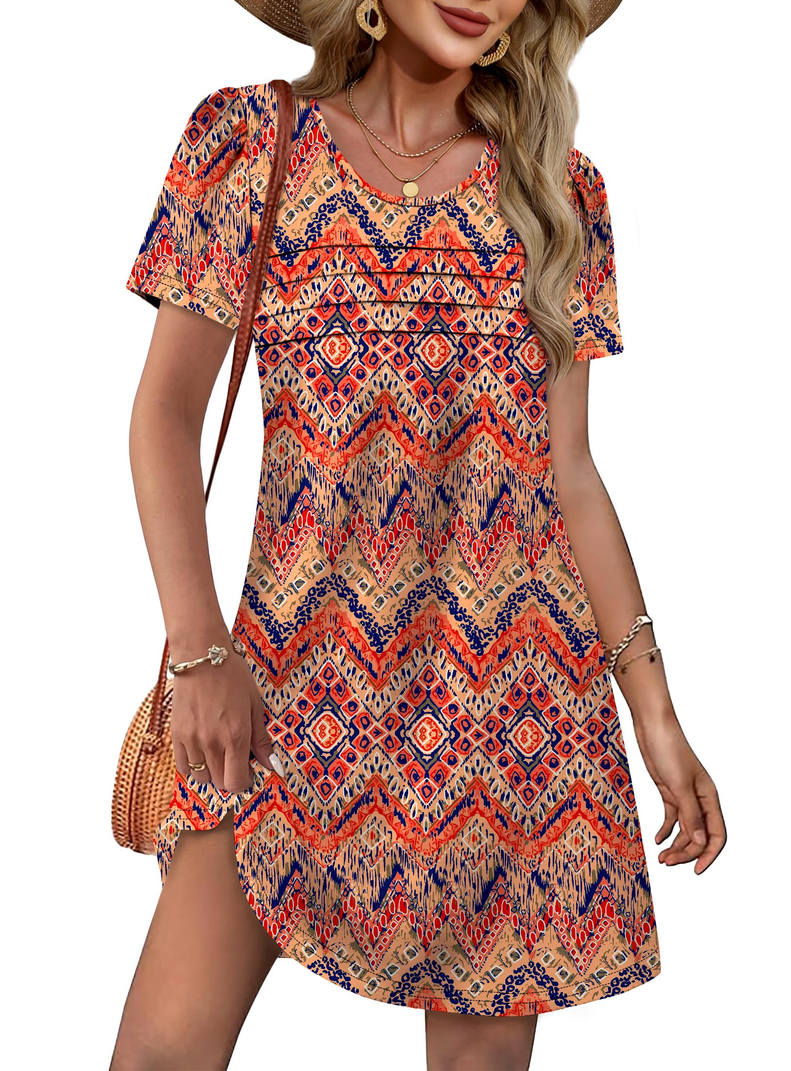 OFEEFAN Womens Pleated Front Dresses Fashion Spring Puff Sleeve Pockets Sundress Casual Summer