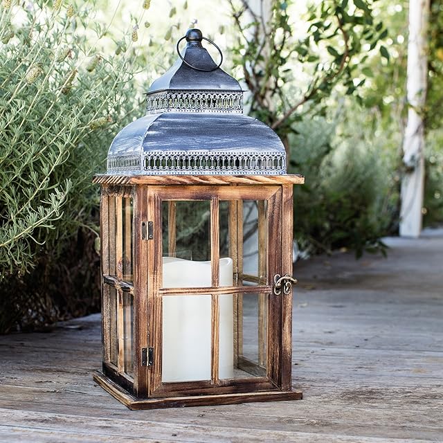 Lights4fun Large Wooden Decorative Candle Lantern Vintage Rustic LED Battery Operated Indoor Outdoor Use with Timer 52cm