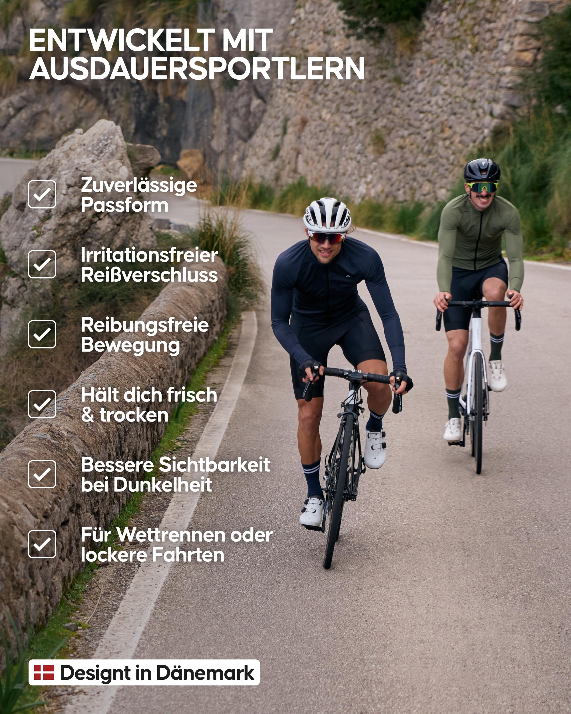 DANISH ENDURANCE Langarm Radtrikot Herren mit Reißverschluss, Fahrradtrikot mit Taschen, Schnelltrocknendes Rennradtrikot, Fahrradbekleidung Herren