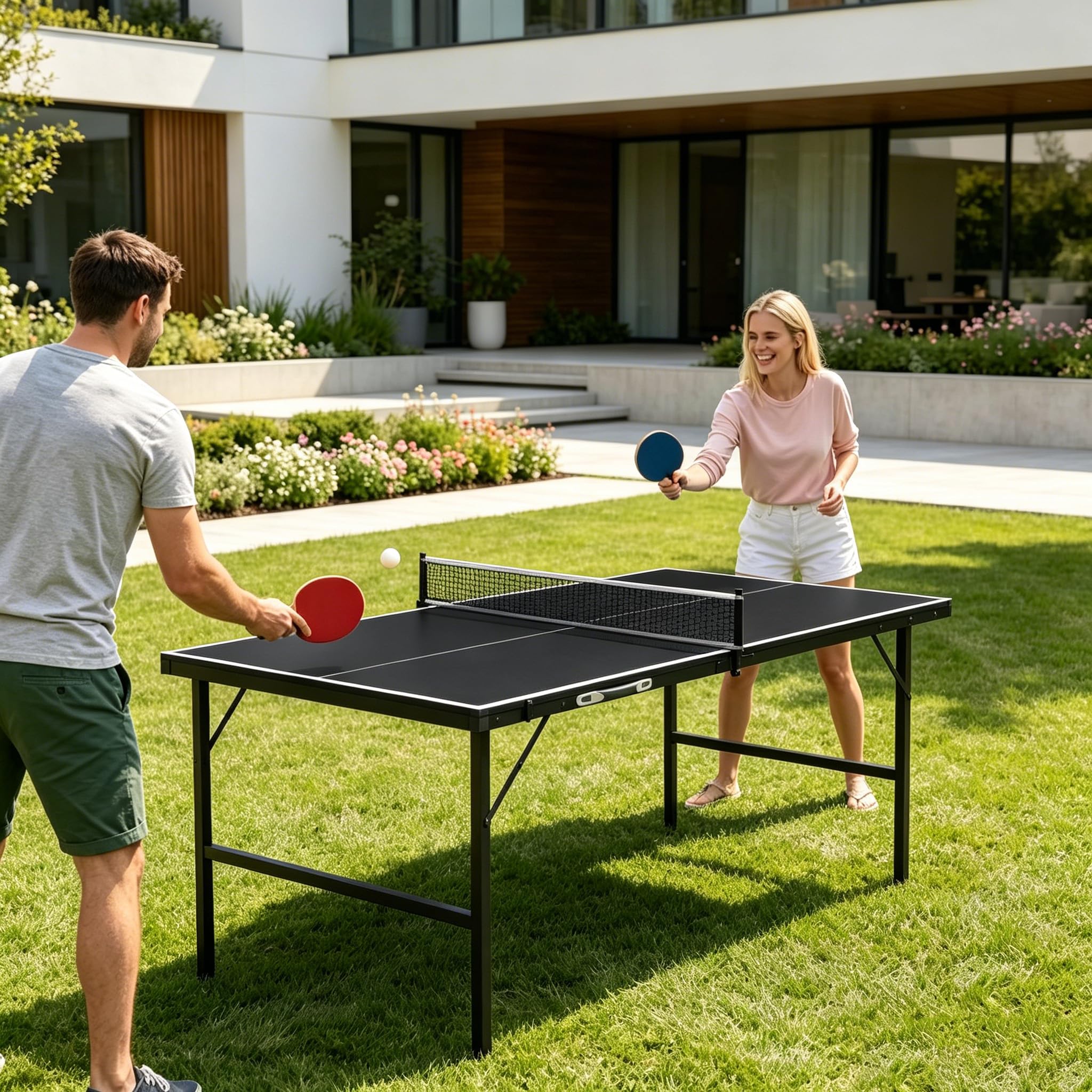 YRHome Mini Tischtennisplatte Klappbar 153x75x80cm, 14mm Laminierte MDF Tischtennistisch mit Verzinktem Stahlgestell, Tragbar Koffer-Design inkl. 2 Schläger 5 Bälle Netz Aufbewahrungstasche