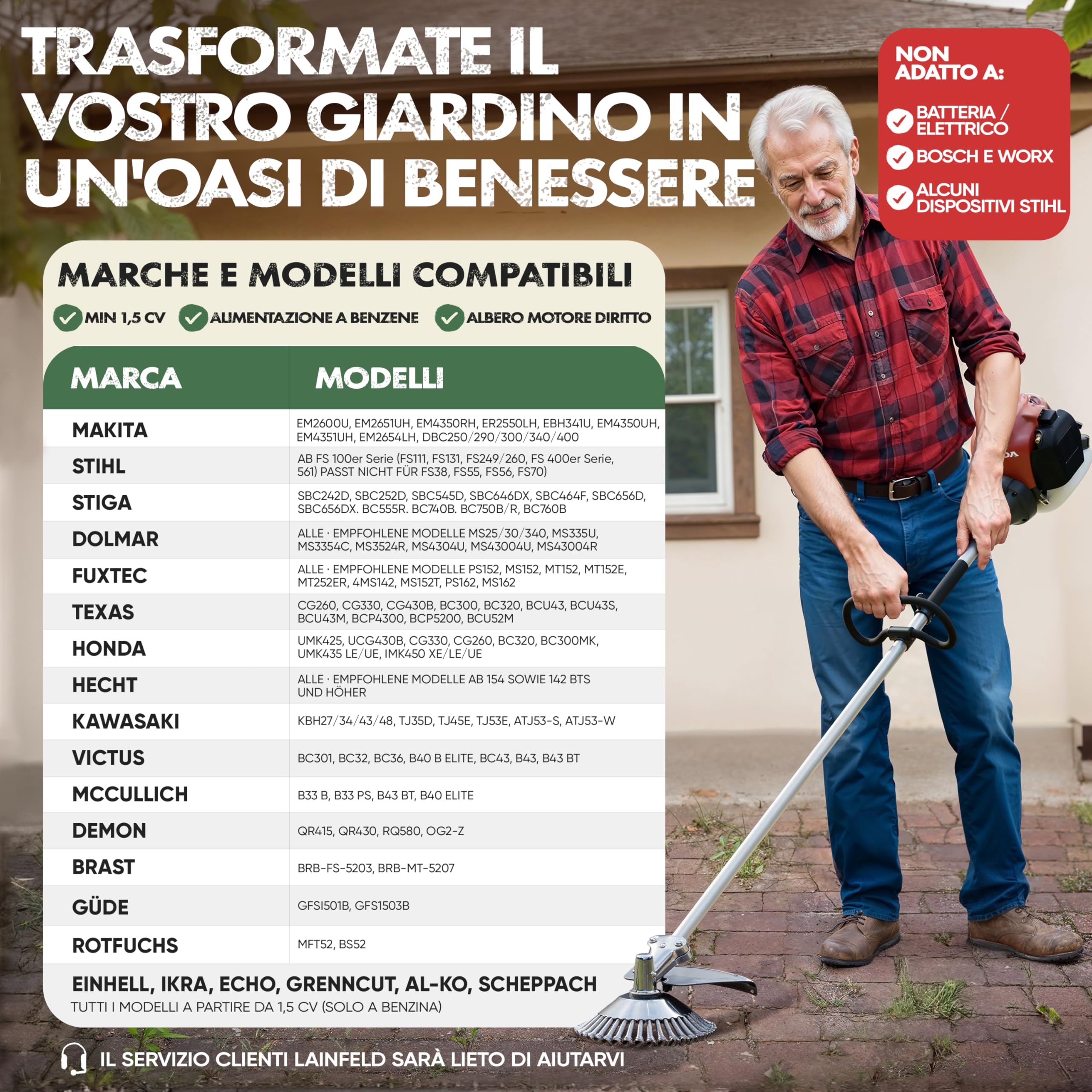 LAINFELD Spazzola per erbacce e decespugliatore | Misura universale con adattatore | Spazzola per fughe con accessori | Spazzola per erbe infestanti