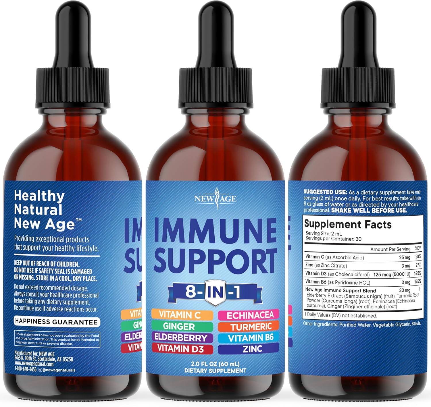 NEW AGE 8-in-1 Immune Support Liquid Drops – Elderberry, Turmeric Curcumin, Echinacea, Ginger, Vitamins C & D3, Zinc & B6 – Fast-Absorbing Immune & Antioxidant Support – Vegan, Non-GMO – 4 oz - Image 7