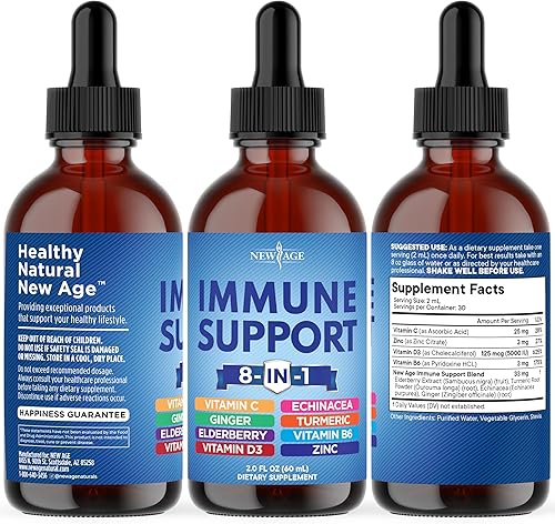 Miniatura 7 de NEW AGE Gotas líquidas de apoyo inmunológico 8 en 1  Baya de saúco, curcumina de cúrcuma, equinácea, jengibre, vitaminas C y D3, zinc y B6  Apoyo