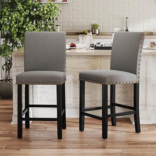 Miniatura 8 de GOTMINSI Juego de 2 taburetes de bar Nailhead de 24 pulgadas de altura de mostrador para isla de cocina, taburetes de bar tapizados con patas de