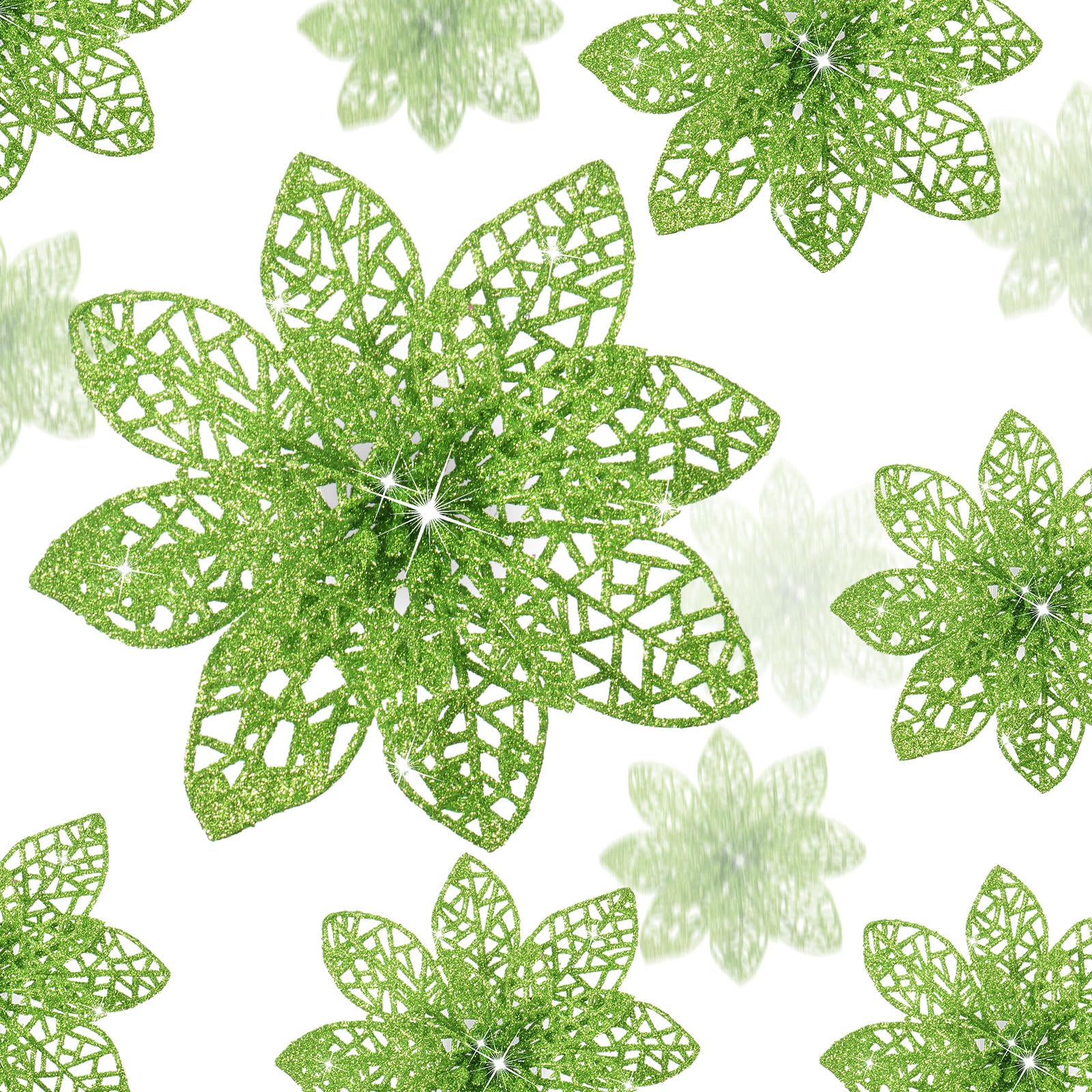 Boao 24 Pieces Glitter Poinsettia Christmas Tree Ornament Christmas Flowers Decor Ornament, 3/4/6 Inches (Green)