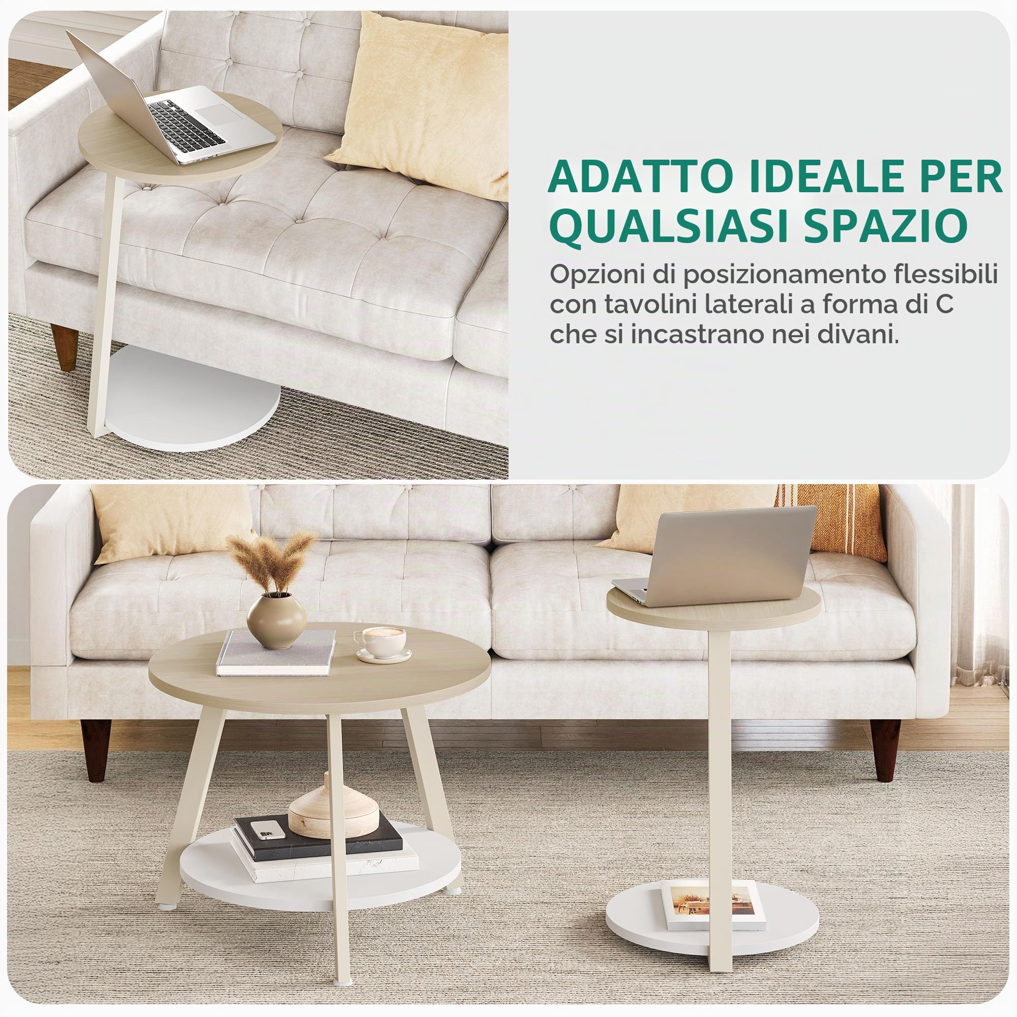 YITAHOME Set di 2 Tavolini da Salotto, Tavolini Gigognes con Tavolino Ausiliario a Forma di C, Tavolino da Divano con Spazio Contenitore per Soggiorno, Camera da Letto, Quercia Bianca