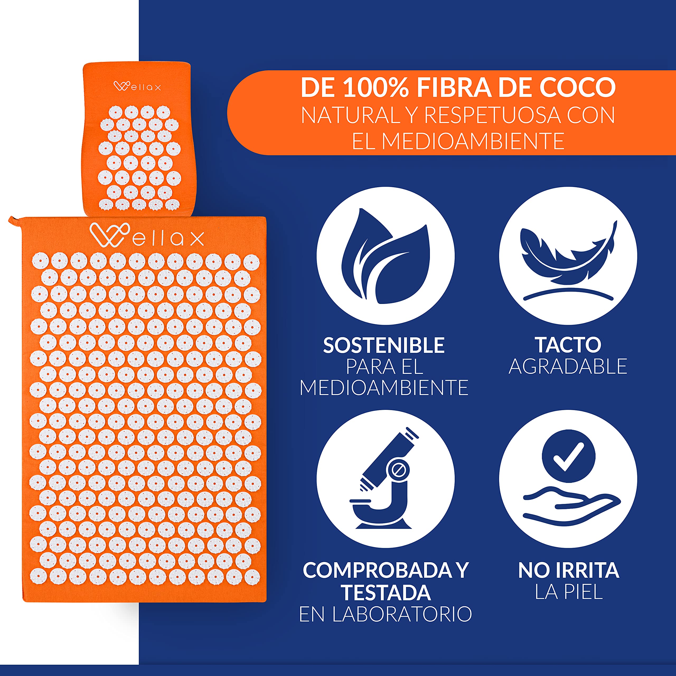 Wellax [El original] – Esterilla de acupresión con cojín – Relleno de 100% fibra de coco – Alivia la tensión y promueve la circulación sanguínea – Alfombrilla de masaje con cojín de acupresión