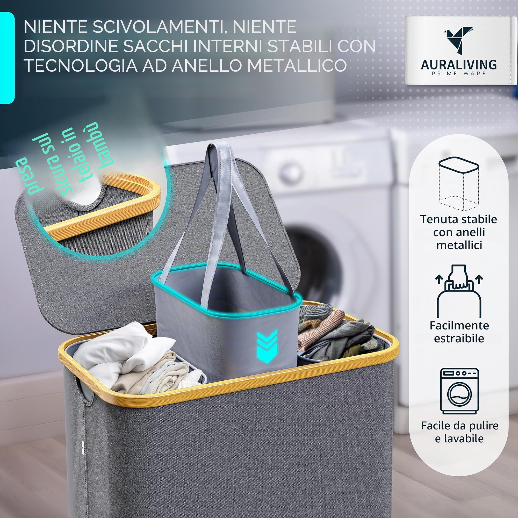 Auraliving, cesto portabiancheria a 3 scomparti, 160 l, con coperchio, telaio in bambù e anelli in metallo stabili, pieghevole, sottile e con 3 sacchetti rimovibili e lavabili, colore: grigio