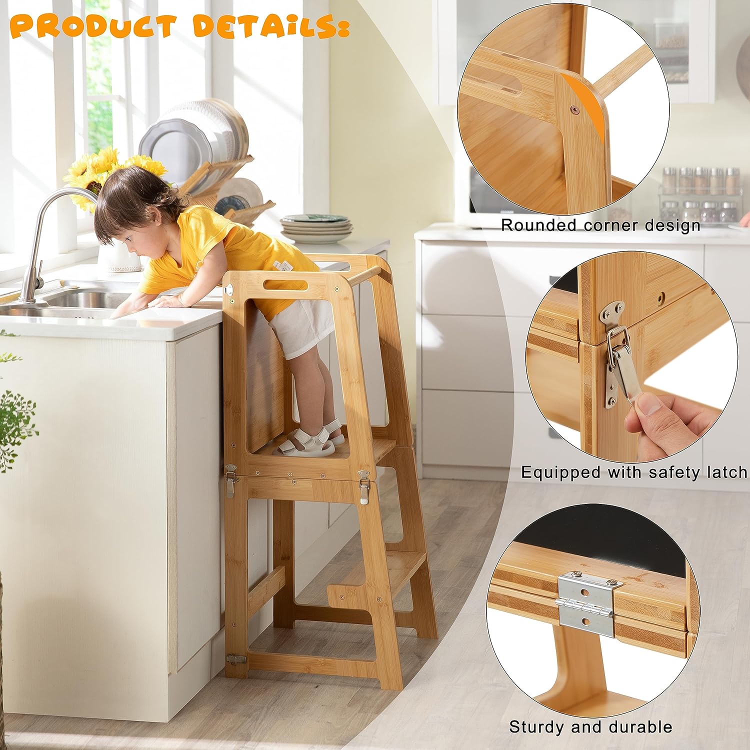 4-in-1 Standing Tower for Toddlers and Kids 1-6 Years, Bamboo Kitchen Learning Helper Stool with Chalkboard, Desk Table, and Chair (Natural)