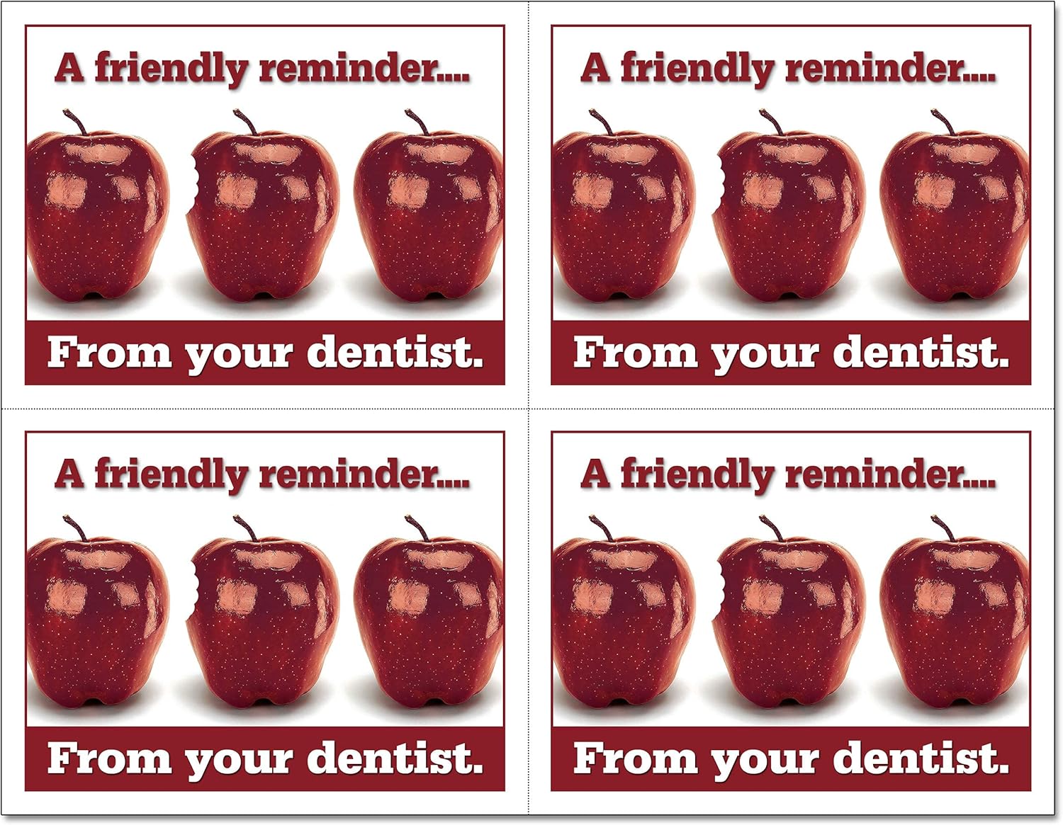Laser Reminder Postcards, Dental Appointment Reminder Postcards. 4 Cards Perforated for Tear-Off at 4.25" x 5.5" on an 8.5" x 11" Sheet of 8 Pt Card Stock. DEN106-LZS (1000)