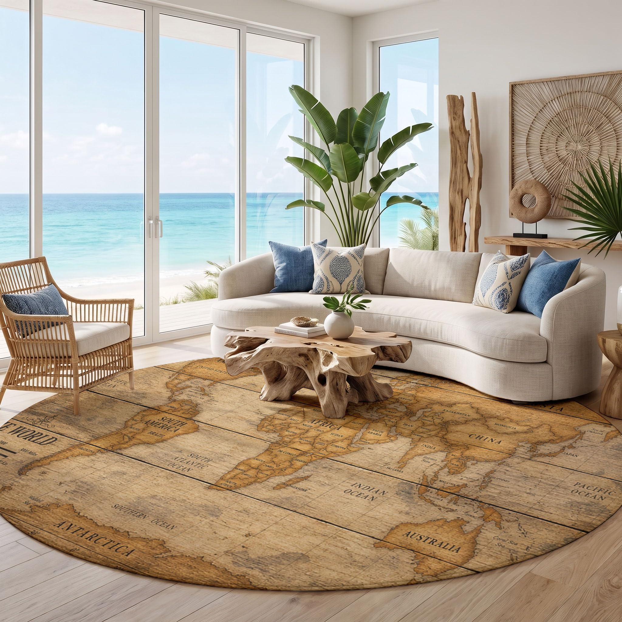 Tapis Salon Rond 180cm Carte du Monde Boussole Lavable | Antidérapant Poil Ras Tapis Rond Style Nautique Rétro pour Chambre Salle a Manger Salon Décoration D'intérieur