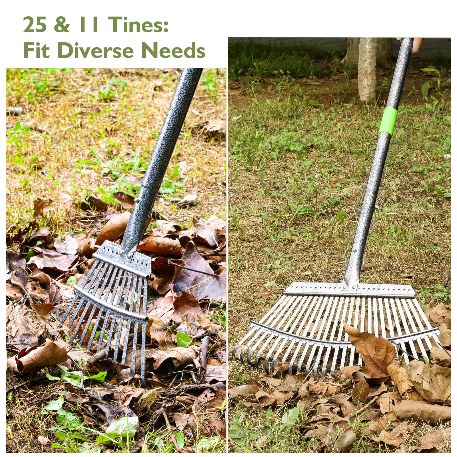 Rastrillo de Jardín para Hojas, 25+11 Dientes Doble Cabeza, Mango Ajustable 70-185 cm, de Alta Resistencia para Jardín, Césped, Suelo y Malezas, Incluye 2 Pares de Guantes | Mango ajustable (70 – 185 cm), hoja resistente, rastrillo de jardín para hojas, c