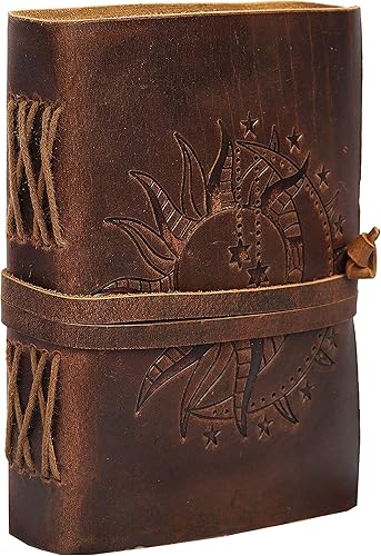 CREATIVE LEATHER ART Sun Moon Emboss - Cuaderno de bocetos de cuero vintage con diseño de líneas marrones, 7 x 5 pulgadas, 240 páginas
