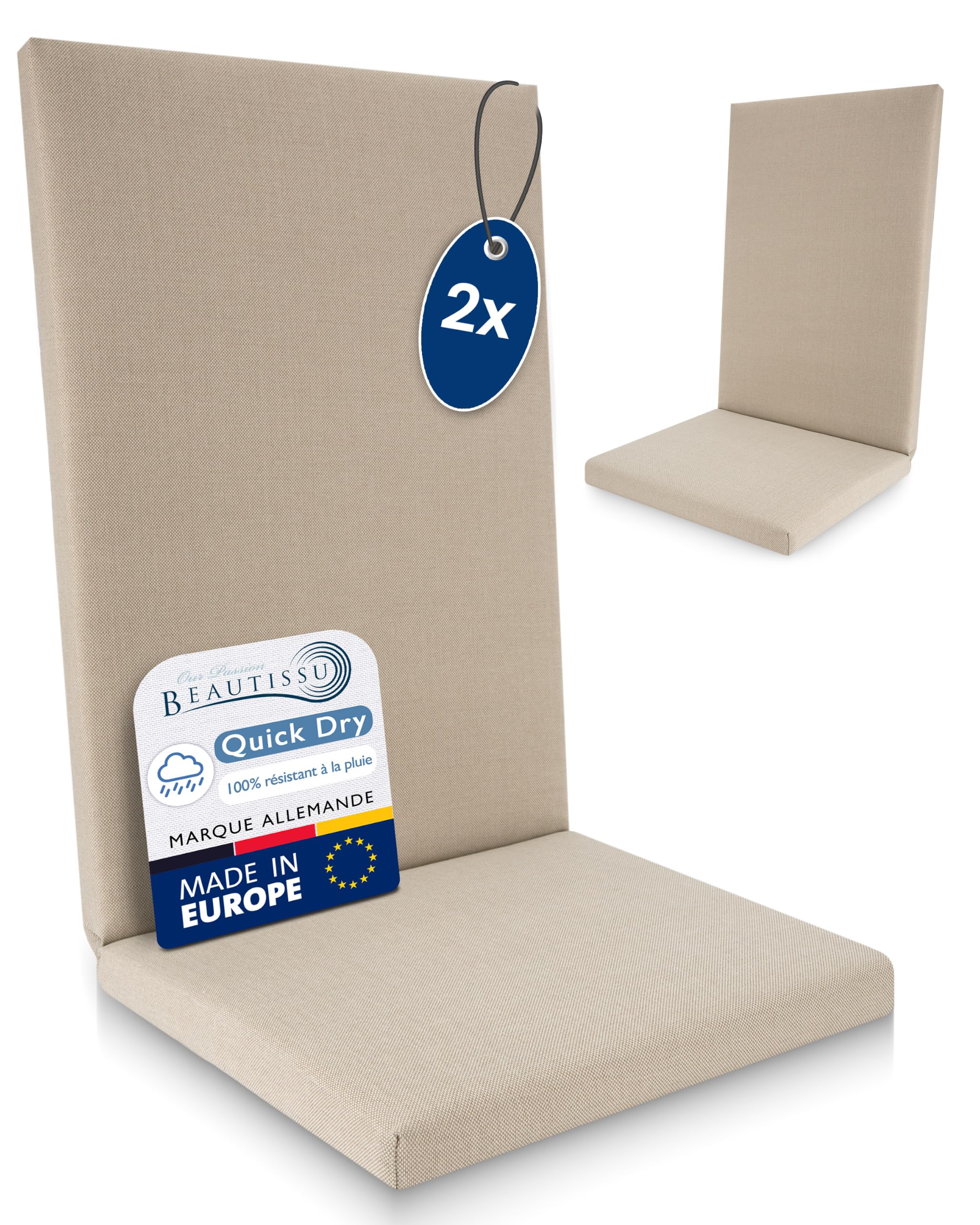 Beautissu Lot de 2 Coussin Chaise Jardin Haut Dossier 100% imperméable