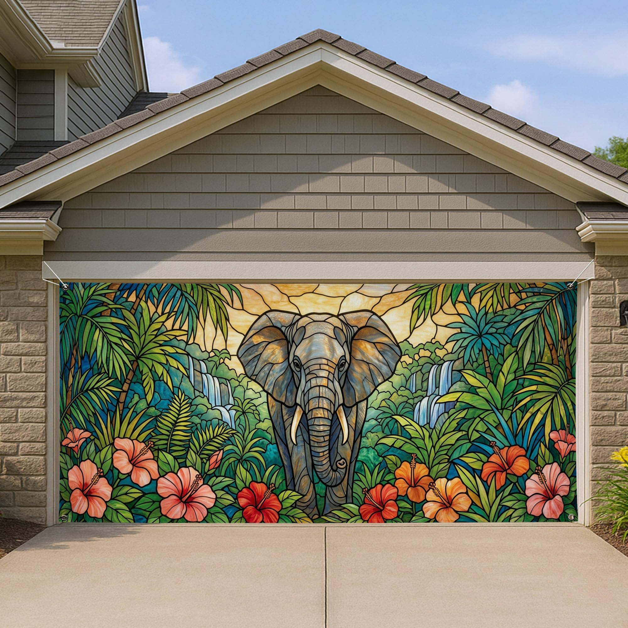 Housse de porte de garage éléphant tropical 397x180 cm pour extérieur
