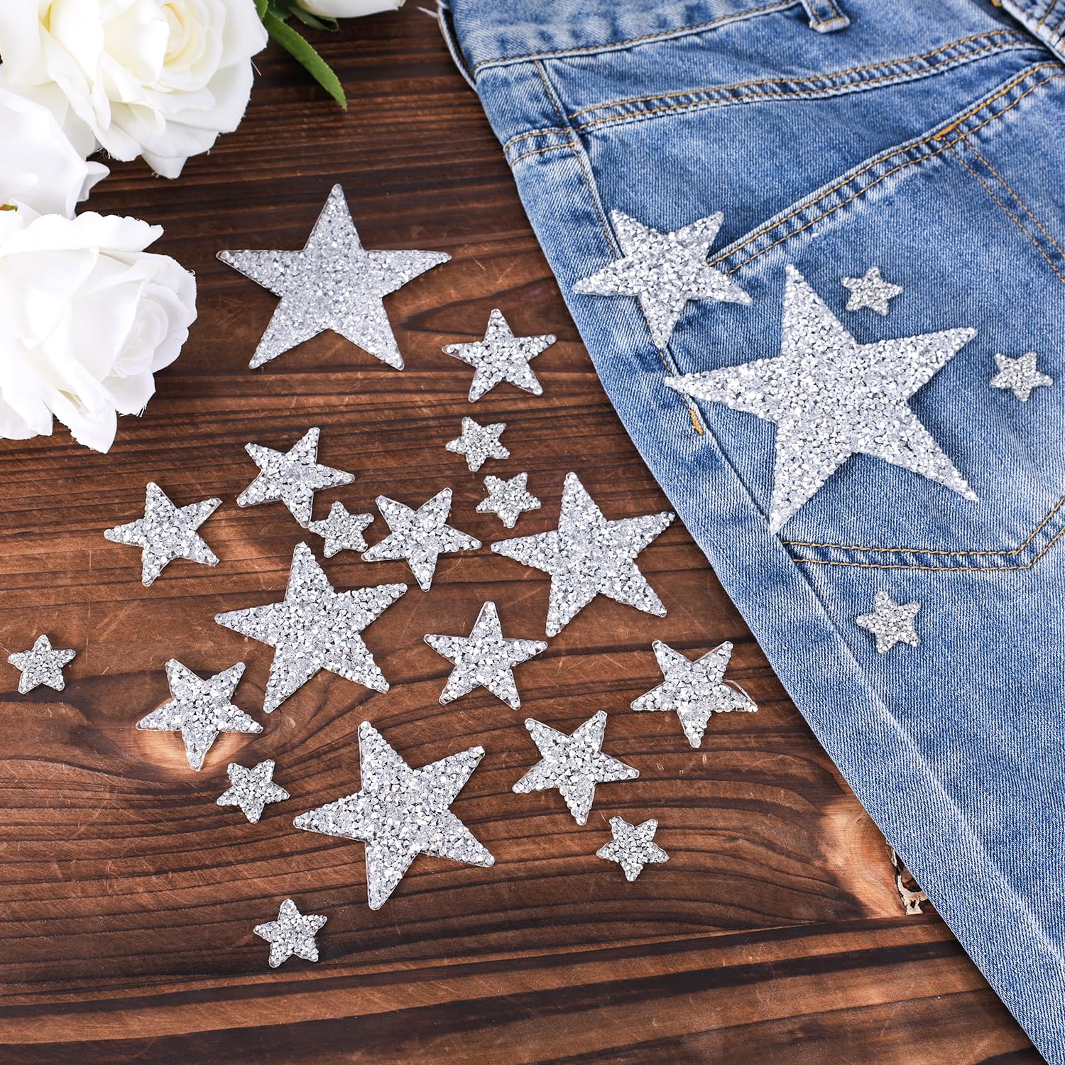 26 Toppe Termoadesive A Stella Con Strass - Argento, 4 Dimensioni, Per Abiti E Borse - Foto 7