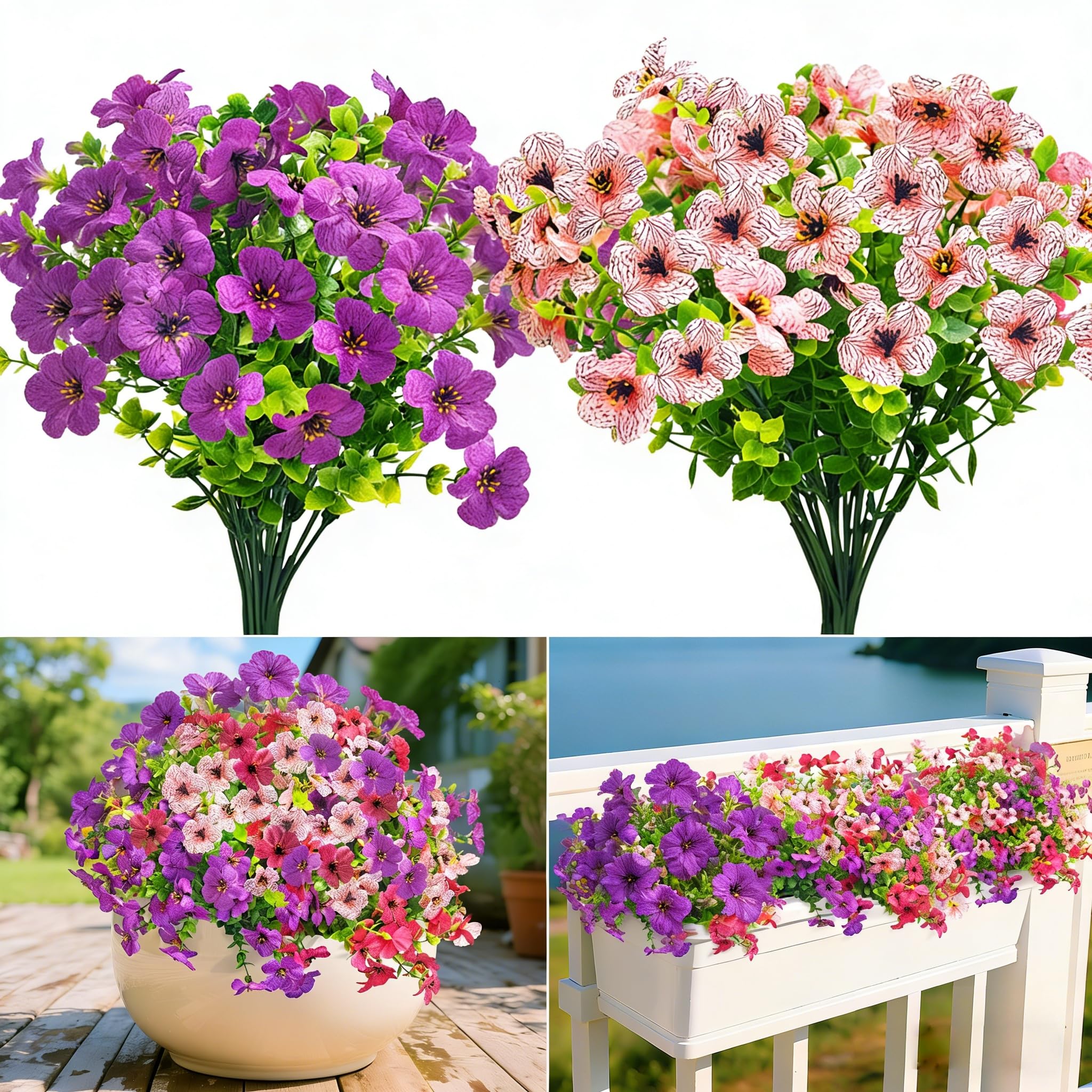 OZMI Artificial Flowers Outdoor 168 Fake Flowers, 8 Bundles UV Resistant Plastic Faux Silk Flowers Bouquet Window Front Door Indoor Home Decoration, Garden Porch Artificial Flowers Plants