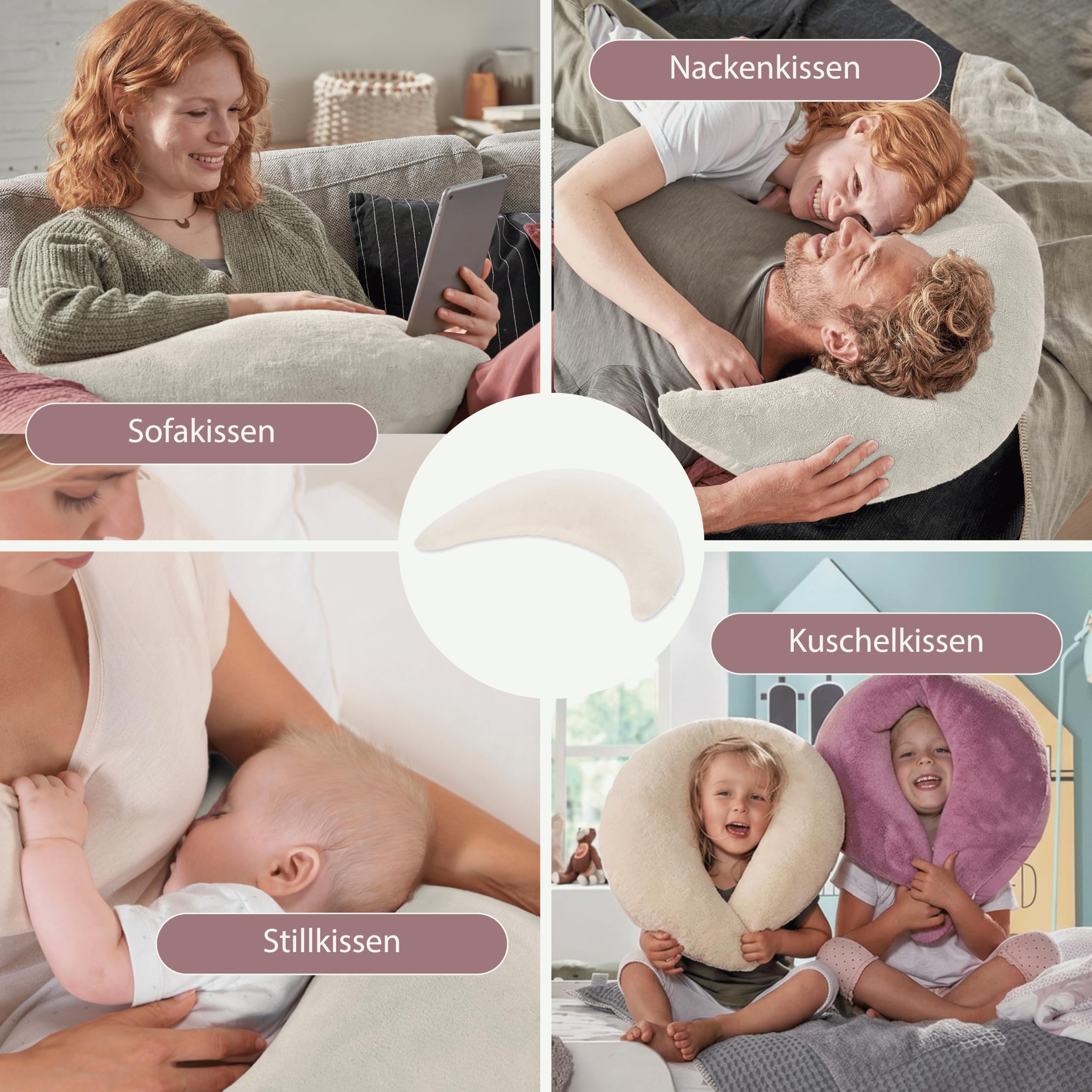 Theraline Plüschmond Stillkissen, Kopfkissen und Nackenkissen mit Perlen, ergonomisches Kissen zum Stillen, Schlafen und Lesen, Stillmond mit Plüsch, Mondkissen waschbar bis 40°C Farbe: Creme