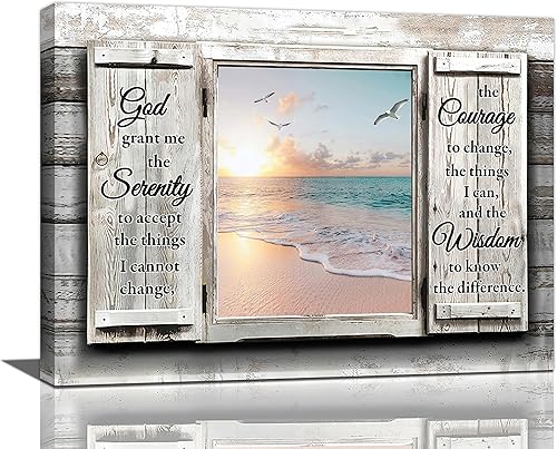 Arte de pared de oración de serenidad en la playa, impresión en lienzo de granja costera, impresiones en lienzo de ventana puesta de sol y océano,