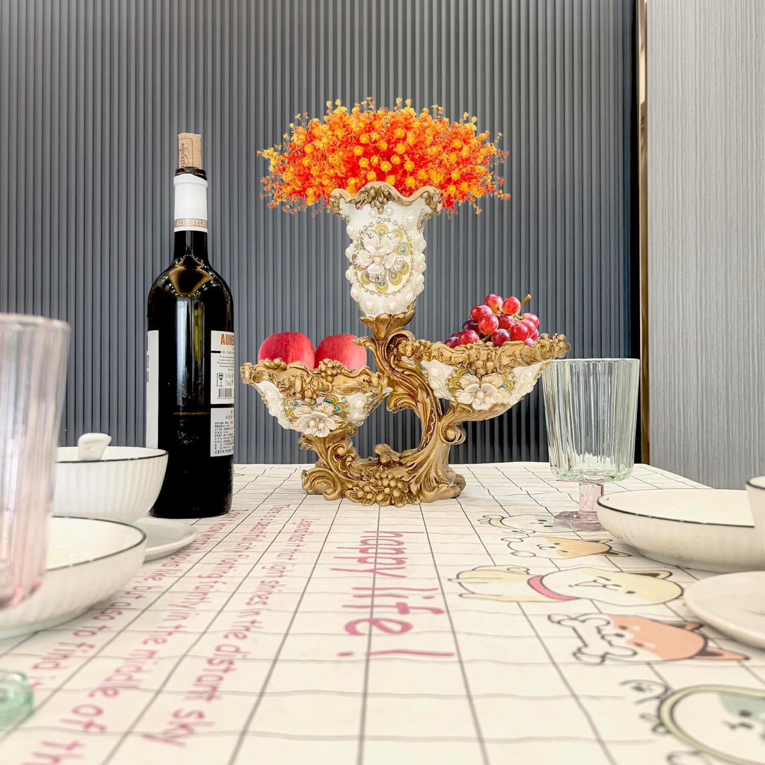 Large European Home Vase with 2 Tier Fruit Snack Trays, Gold Vase with 3D Decorative Effect for Restaurant, Living Room, Bedroom, Hotel Use