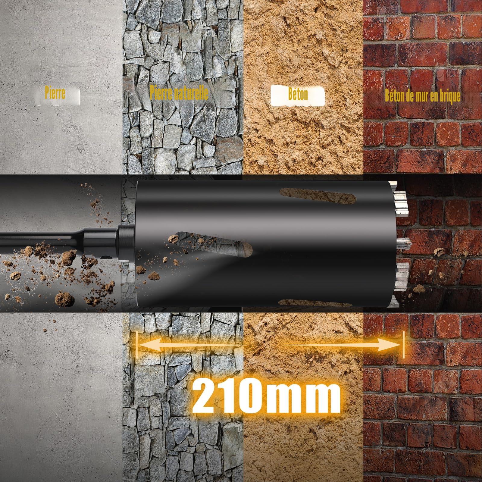 Couronne de forage 35 mm, longueur utile 200 mm avec codage Sds Plus, 220 mm, Sds max 220 mm, codage hexagonal 110 mm, pointe de centrage 10 x 240 mm, pour maçonnerie