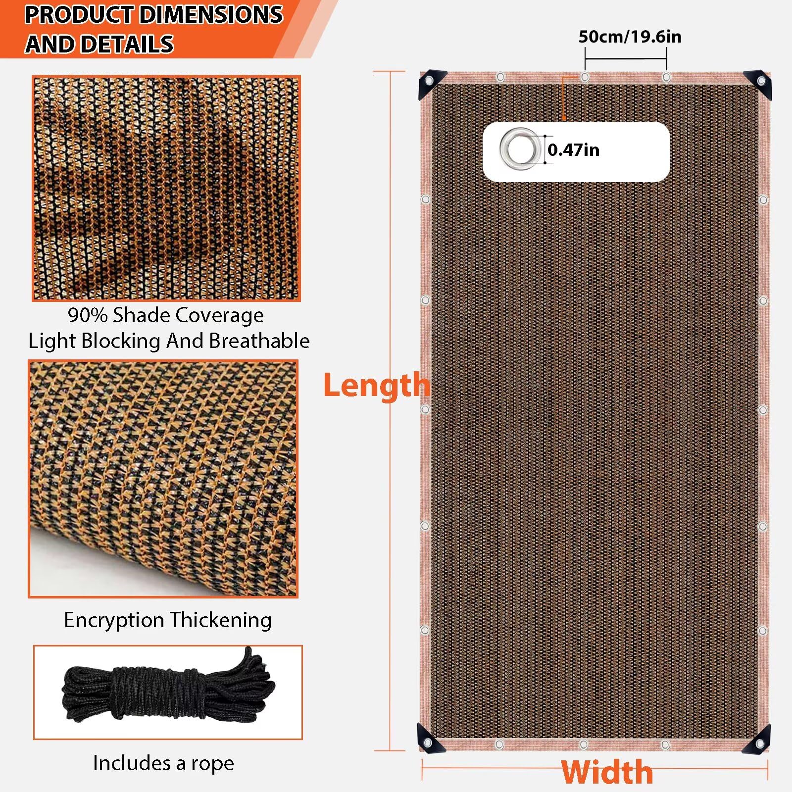 Red de Sombreado 1.2x9.8m, Tejido con 90% de Sombreado, Toldo de Malla con Ojales, Protección Solar y Aislamiento Térmico, Resistente al Polvo y a los Rayos UV, para Patio, Jardín, Marrón