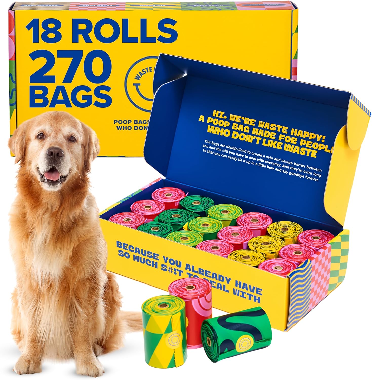 Dog Poop Bags Rolls 270 Count (18 Rolls) with 14" Dispenser with Capacity of 15 Bags - Yellow Silicone Dispensers & Ultra Thick, up to 300% Stronger Poop Bags