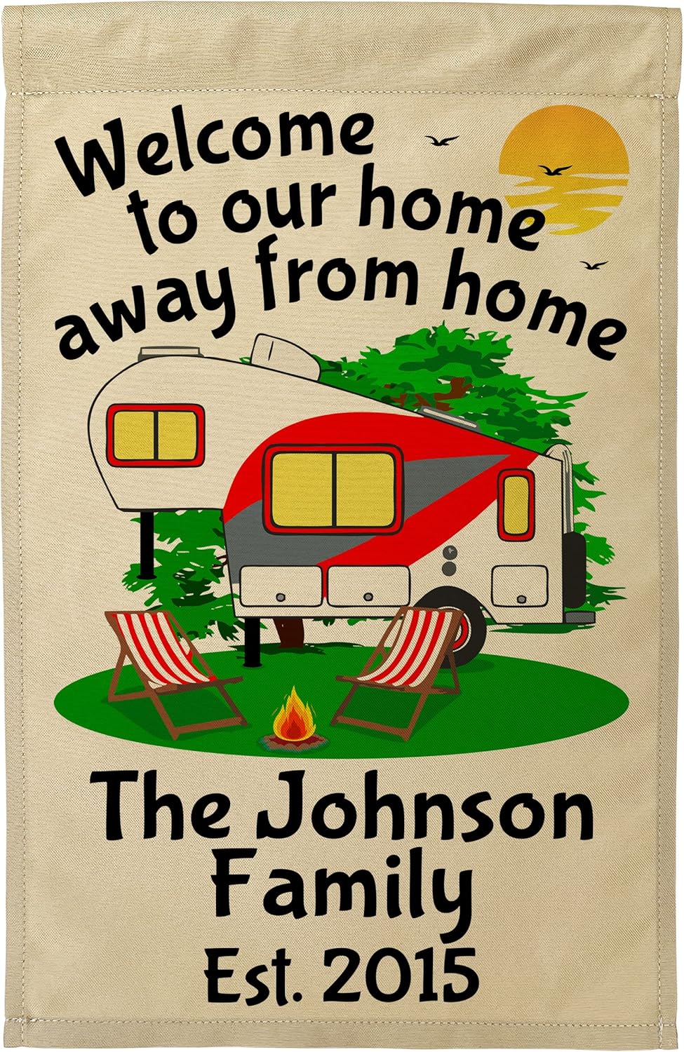 Welcome to our Home Away From Home Personalized 5th Wheel Campsite Flag, Customize Your Way (Black/Gray)