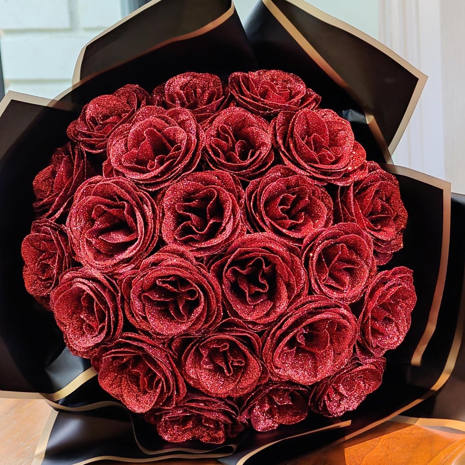 DIY Glitter Rose Flower Bouquet Birthday Day Gifts for Women Mom Grandma Wife Her - 24pcs Red Eternal Roses Bouquet with Butterfly Fake Forever Flowers Gifts for Birthday Graduation Anniversary