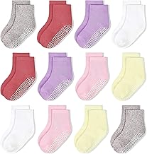HYCLES Baby Girls Grip Socks Toddler Non Slip Socks Kids Anti-Skid Crew Colorful Socks with Gripper 12 Pairs for 0-10 Years