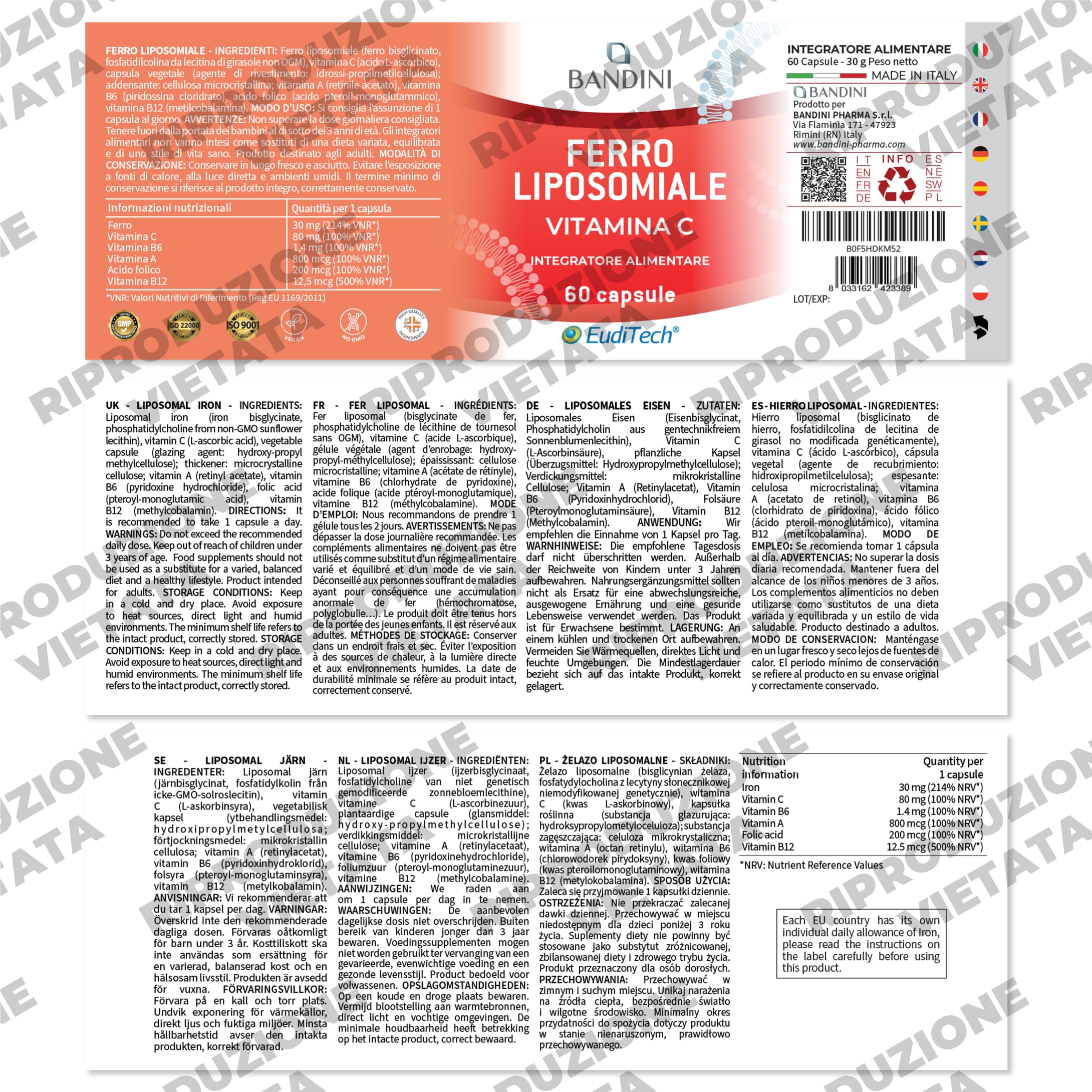 Bandini® Ferro Liposomiale Complex 30 mg – con Vitamina C, Acido Folico, B12, B6 e A – Alta Biodisponibilità e assorbimento, contro Stanchezza e Affaticamento – 60 Capsule per 2 mesi