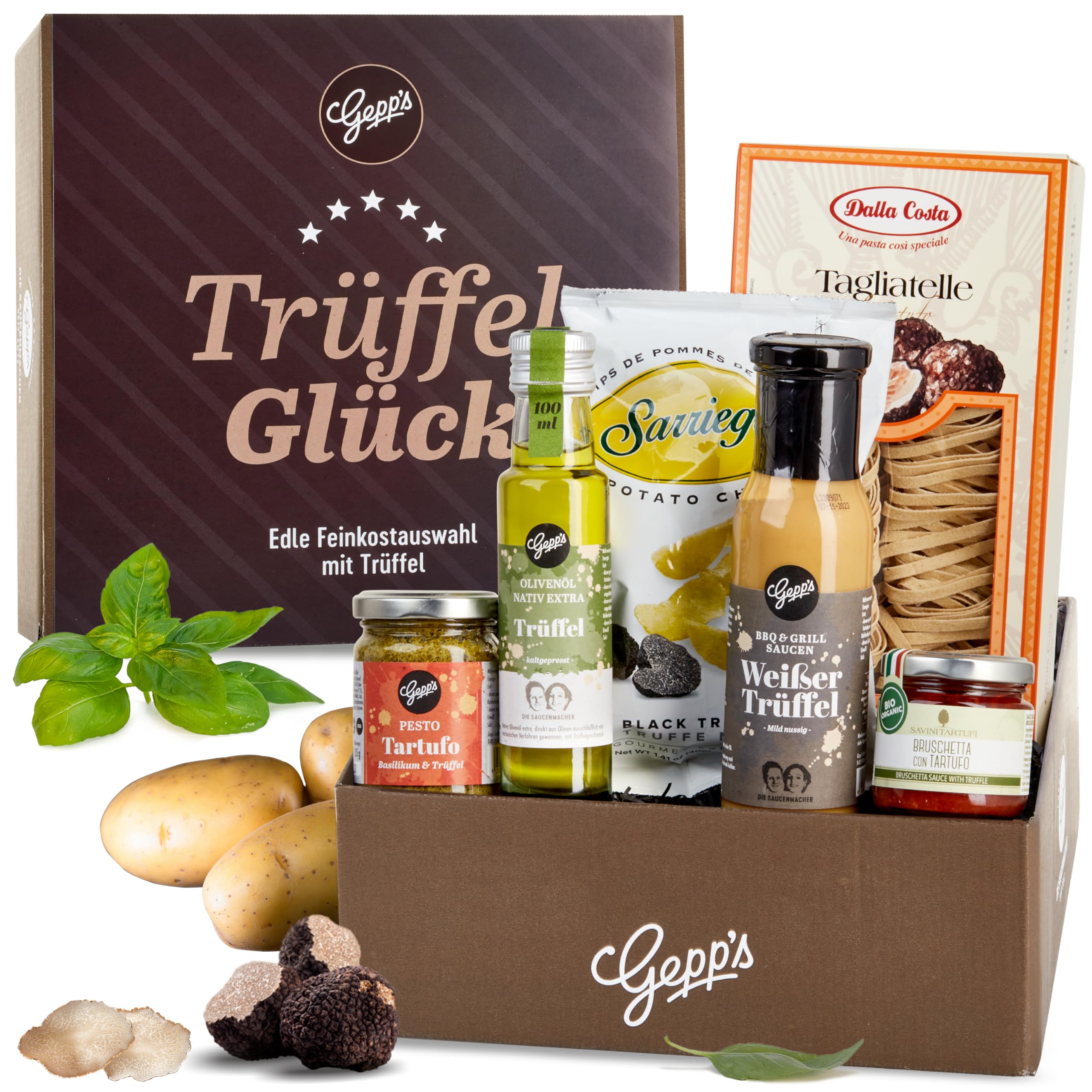 Gepp’s Feinkost Trüffelglück Geschenkbox mit Sommertrüffel Bruschetta, Trüffelpesto, weißem Trüffelöl, Single Tartufo Nero, Weißer Trüffel Sauce & Pasta