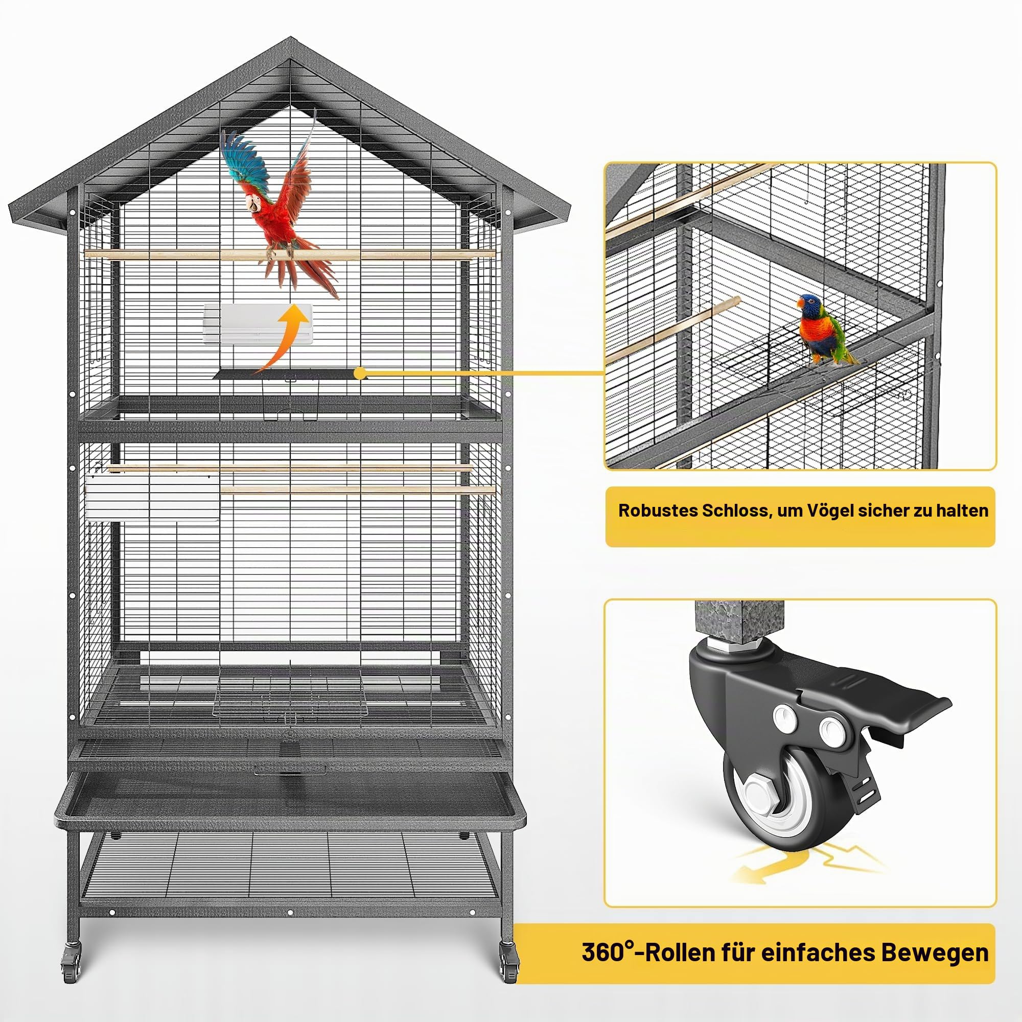 GroßEr VogelkäFig, 166 cm GroßEr Metall-Futterspender Mit RäDern, FlugkäFig Mit 4 Metall-Futterspendern, Holzsitzstangen Und Ablage