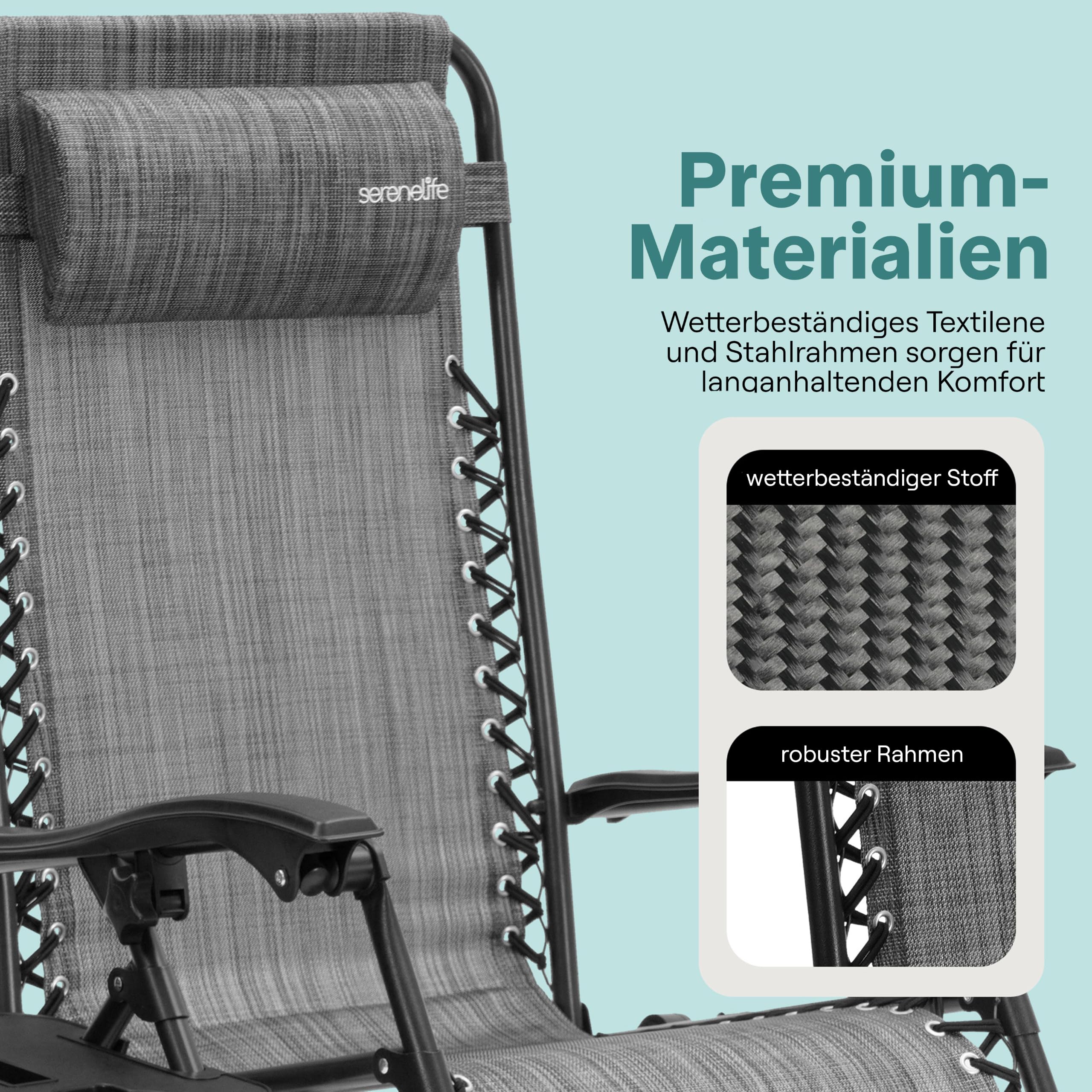 SereneLife Sonnenliege Klappbar 2er Set mit Tisch, Zero Gravity Liegestuhl Garten, bis 120 kg Grau, Verstellbar und Wetterfest, mit Getränkehalter und Kopfkissen, für Balkon Strand Camping