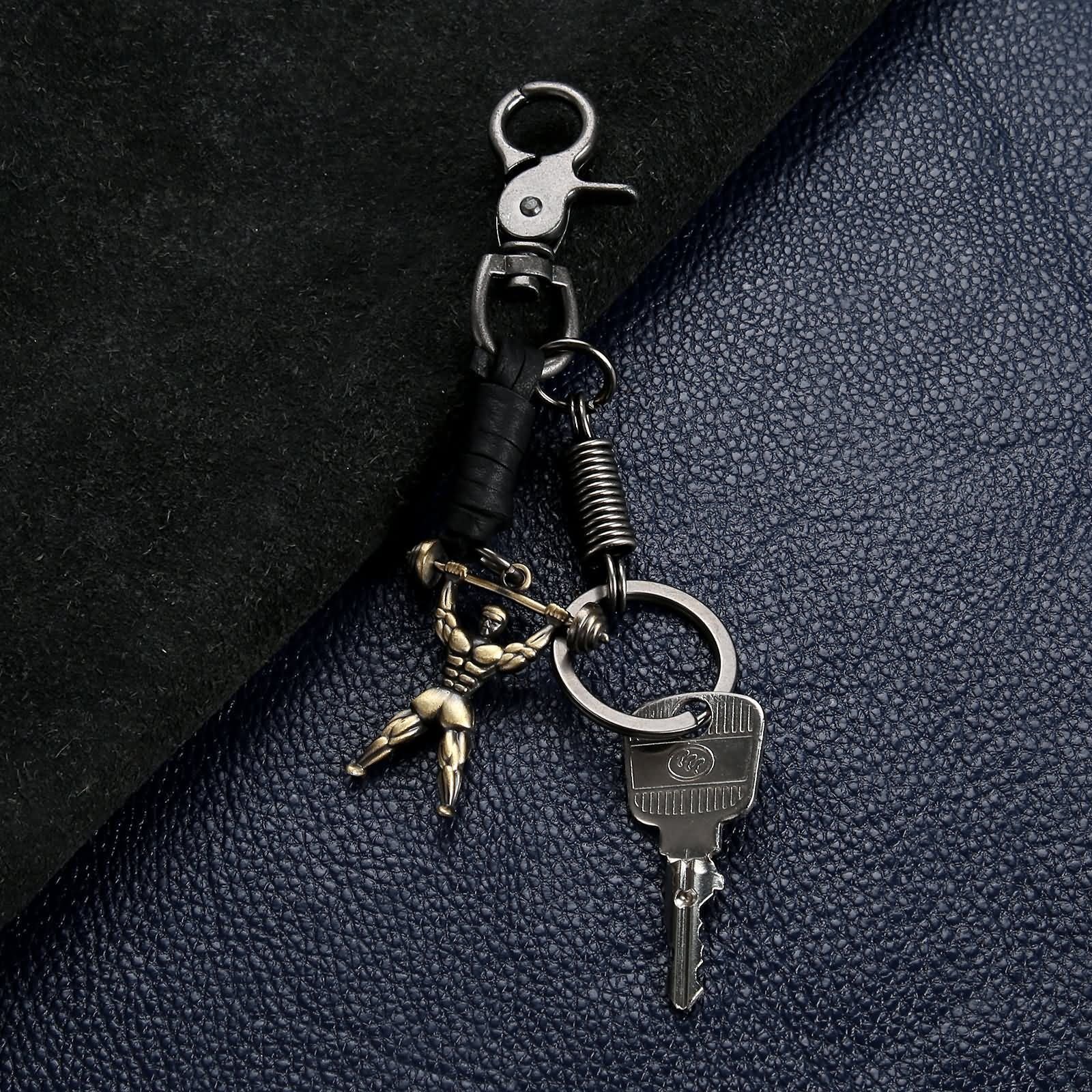 KnSam - Schlüsselanhänger Fitness Leder Fahrzeugschlüssel Taschenanhänger für Herren Jungen - Schwarz [Neuheit Schlüsselbund]