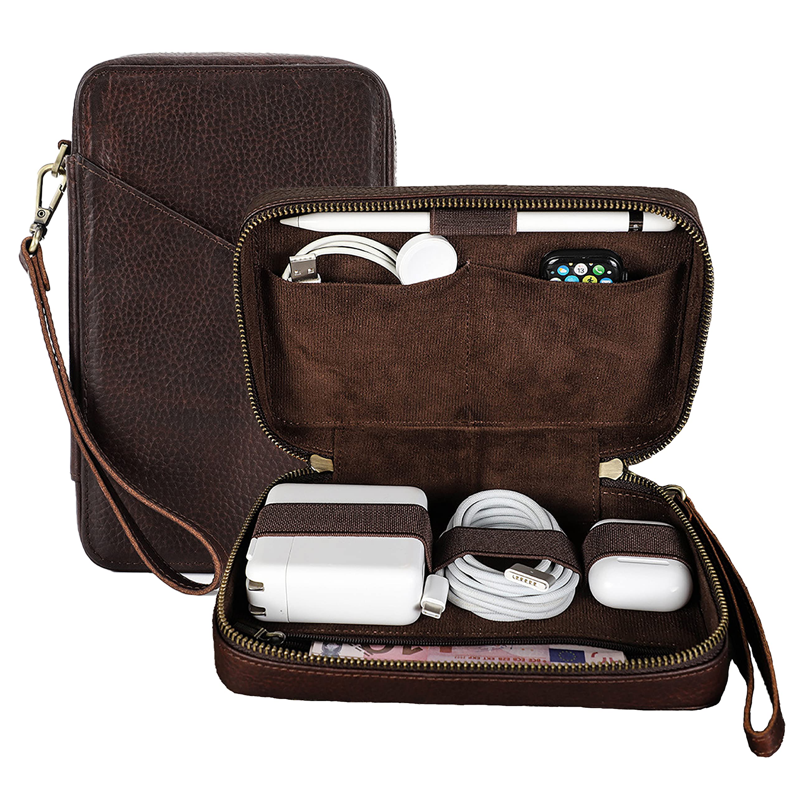 Organizer da viaggio in vera pelle per cavi USB, schede SD, caricabatterie, passaporto, contanti, telefono, orologio, penna elettronica