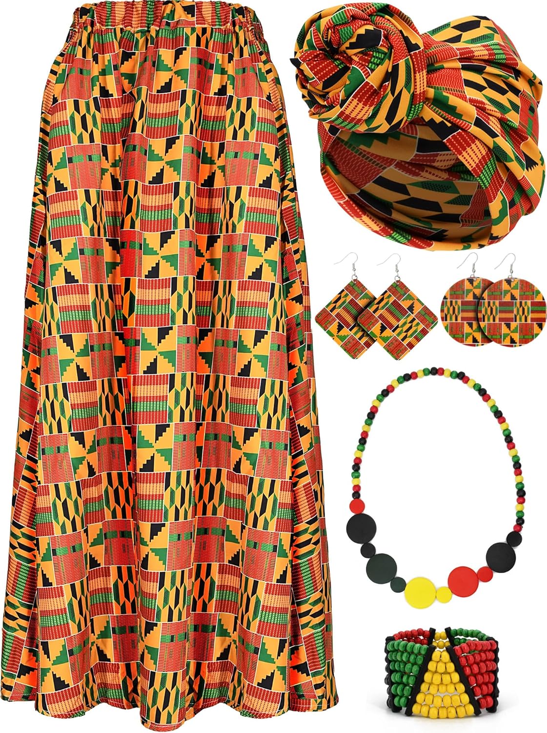 6 Pcs African Skirt Set Kente Head Wrap Black History Dress Kente Print Costume Accessory African Attire for Women