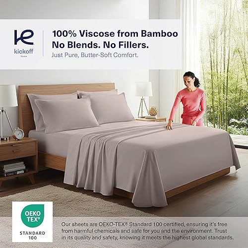 Miniatura 2 de Kickoff Sábanas de bambú de viscosa divididas tamaño King, 5 piezas, 100% viscosa de bambú orgánico, juego de sábanas refrescantes para cama de