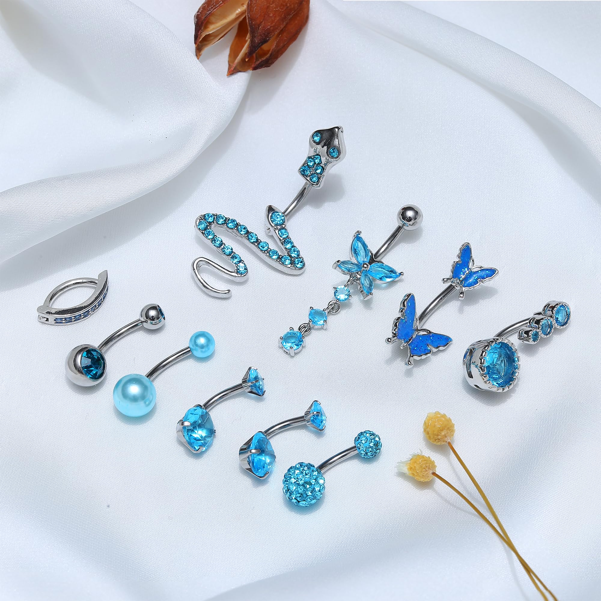 YADOCA 10Pcs 14G Piercing Nombril pour Femmes Acier Chirurgical Rose Bleu Piercing Ventre CZ Papillon Serpent Clicker Nombril Anneaux Piercing au Nombril Ensemble Bijoux Piercing