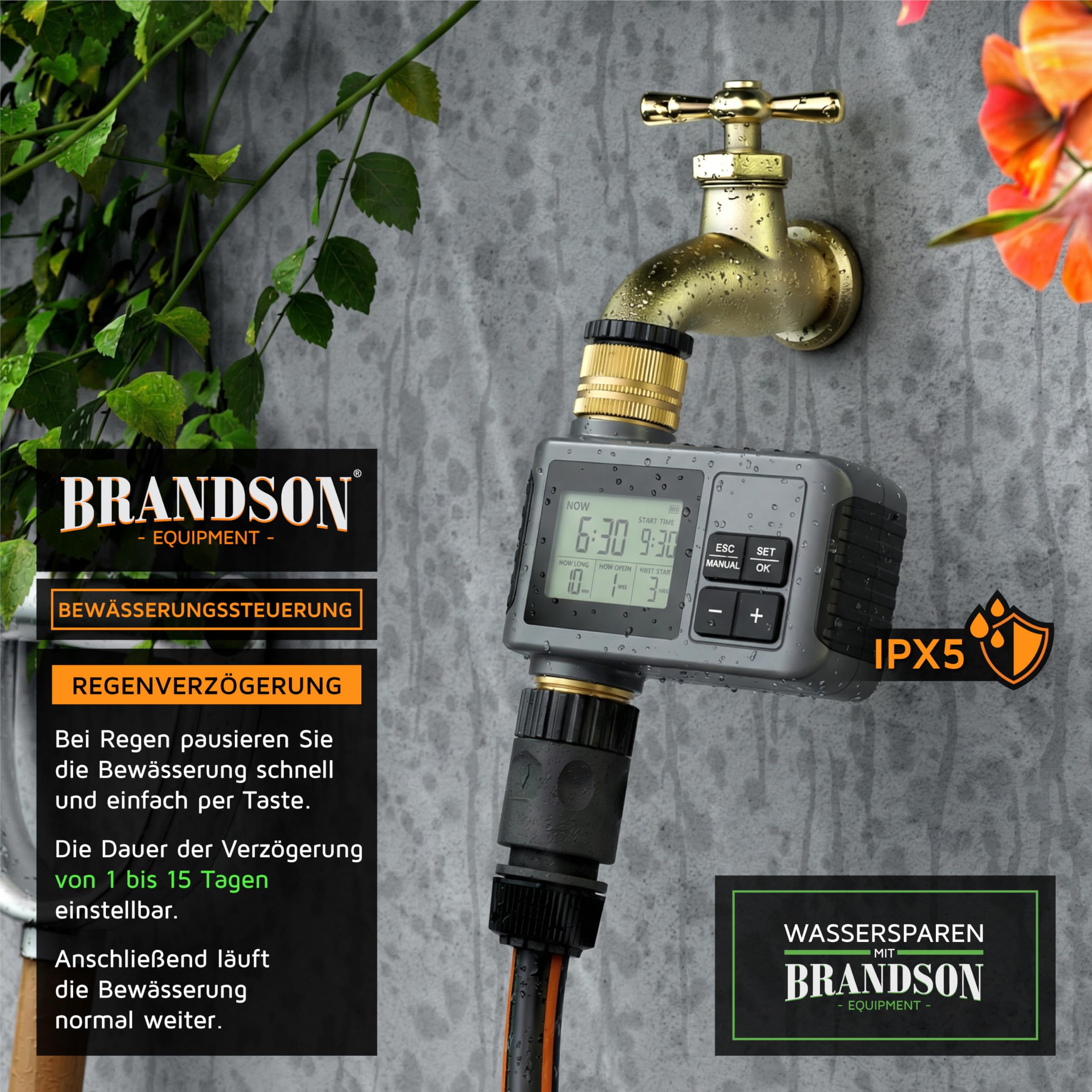 Brandson - Bewässerungssteuerung digital mit Display - Bewässerungcomputer Wasserzeitschaltuhr - Bewässerungssteuerung - Bewässerungssystem – Automatische Bewässerung - Balkon Terrasse Garten