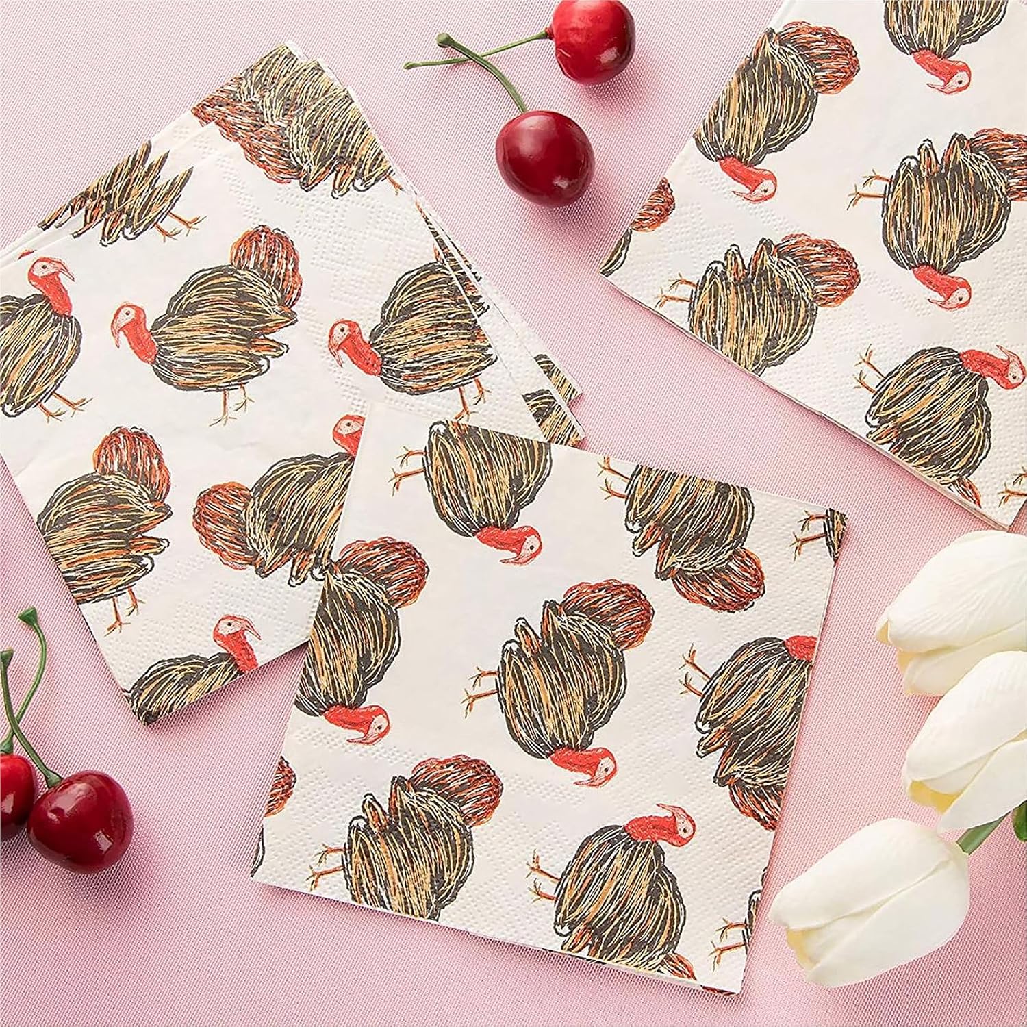 100 Pack Turkey Thanksgiving Cocktail Napkins for Party Supplies (5 x 5 In)