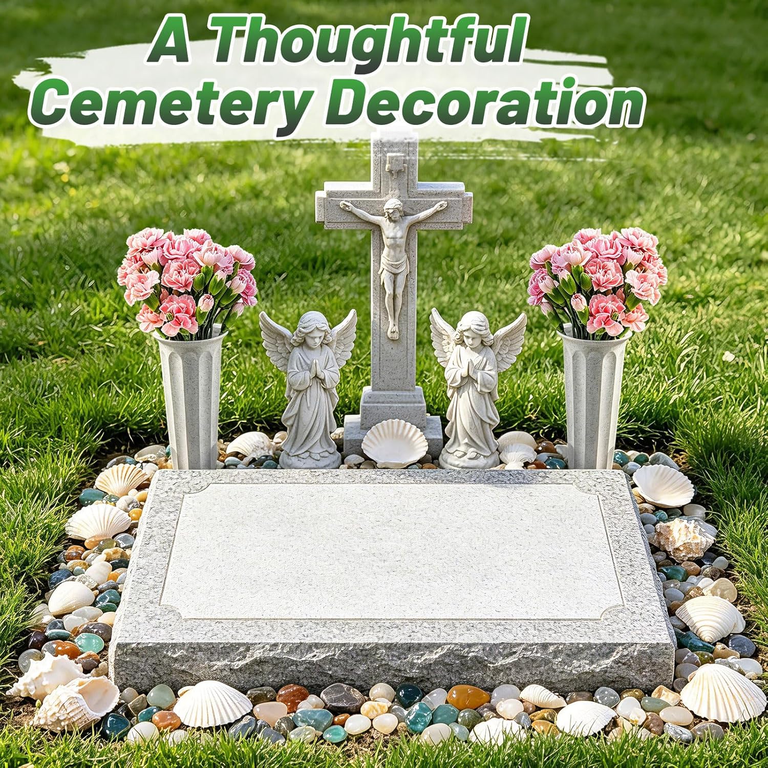 8-Pack Cemetery Vases for Grave - 2 Sizes of Plastic Cone Vase with Foam Flower Holders Spikes, Cemetery Decorations for Patriotic Memorial Grave Accessories (Gray, Green)