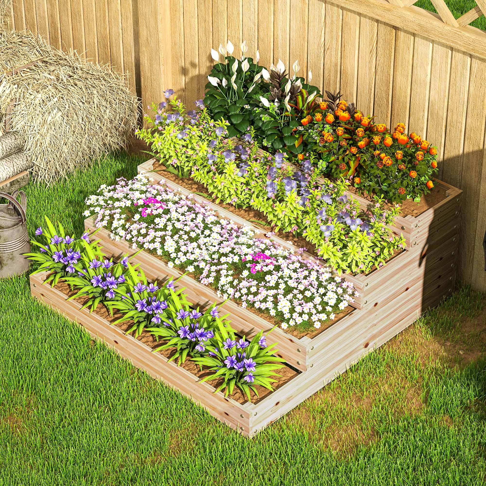 Outsunny Carré Potager de Jardin, jardinière en Bois Massif, lit de Jardin surélevé, sans Fond, 4 étages, pour Herbes légumes Fruits Fleurs, 113 x 113 x 46 cm, Bois Naturel