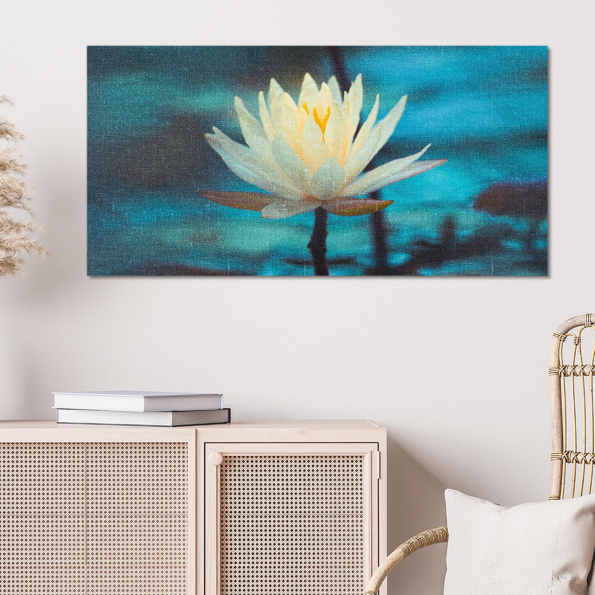 DEQORI WTD - Stampa su tela ibrida | motivo: ninfee sierenità | Design Canvas 100 x 50 cm | Quadro piatto & moderno con vetro | Quadro da parete per soggiorno, camera da letto, corridoio e cucina
