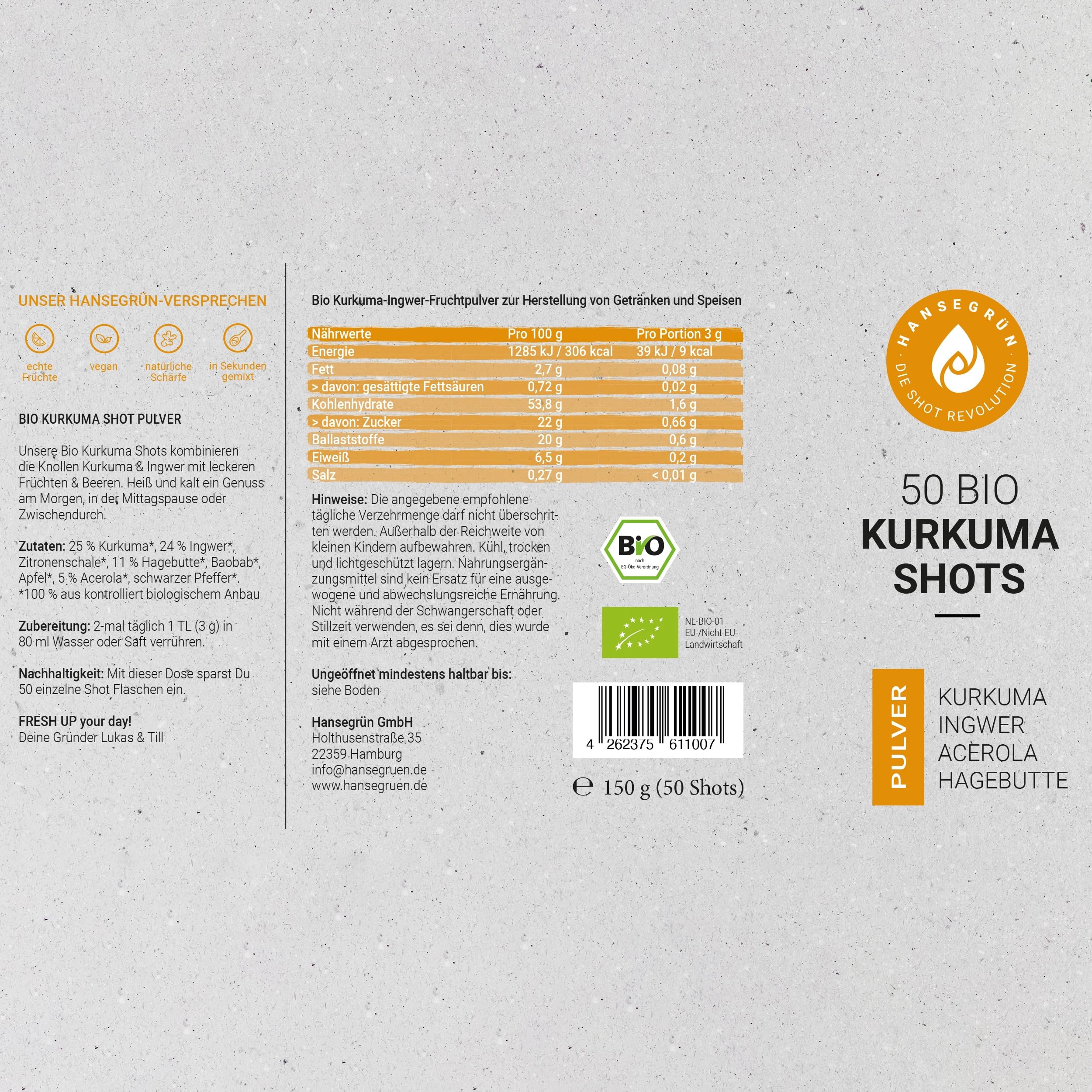 Hansegrün - 2x Bio Kurkuma Shots (50 Stk.) - Superfood-Pulver für Immunsystem¹, Knochen² & Knorpel³ - Kurkuma, Ingwer, Hagebutte & Acerola - 100% echte Zutaten zur täglichen Zubereitung