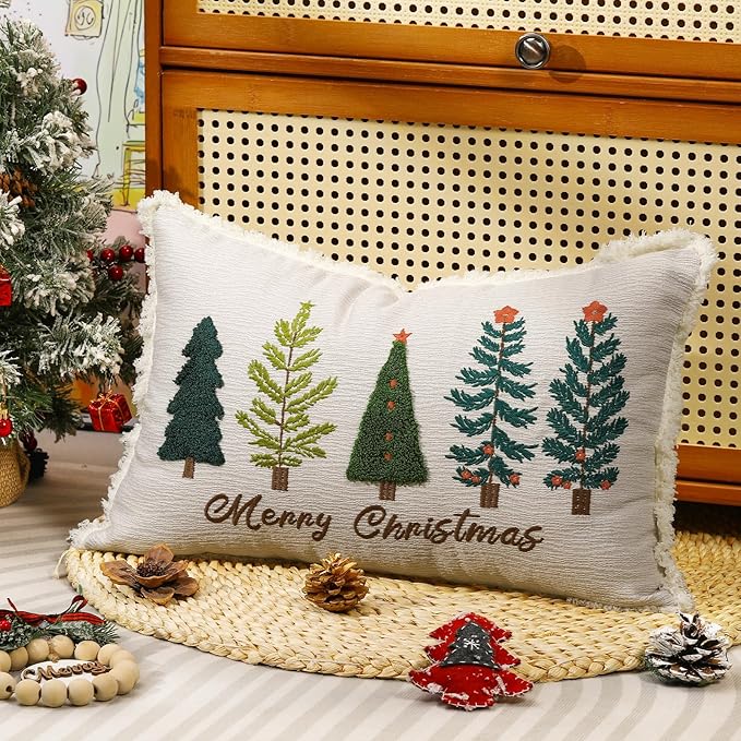 Lewondr 30×50CM Weihnachten Kissenabdeckung, 1 Stück Exquisite Stickerei Weihnachtsbaum Kissenabdeckung, Dekorative Lendenkissen Kissenbezug für Bett Schlafzimmer Wohnzimmer Couch