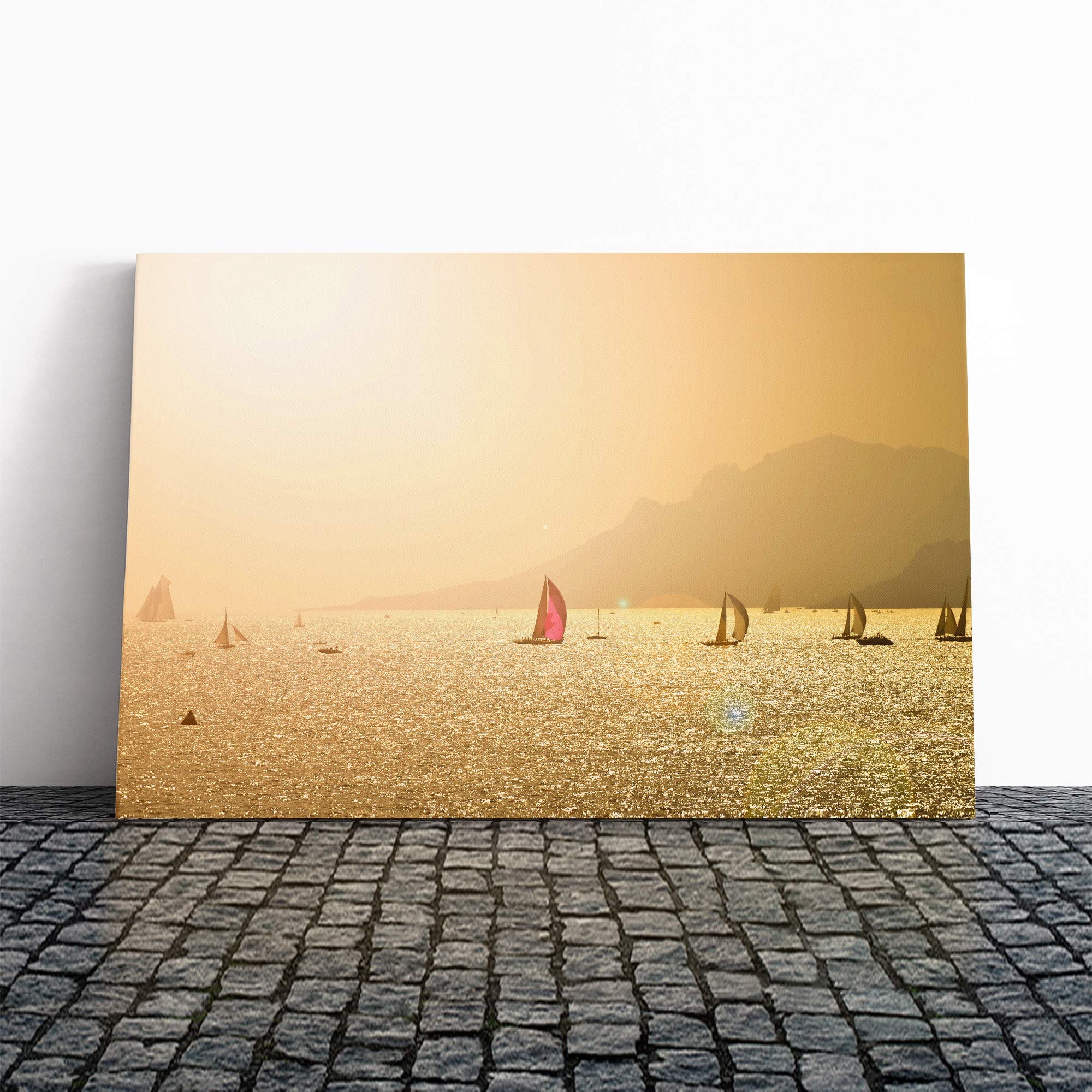 Sailing Boats Lake and Mountain Canvas Print | Gallery Wrapped 30mm Frame Wall Art | 24x16 inches | Ready to Hang | Coastal Seascape Picture | Living Room Bedroom Lounge Office
