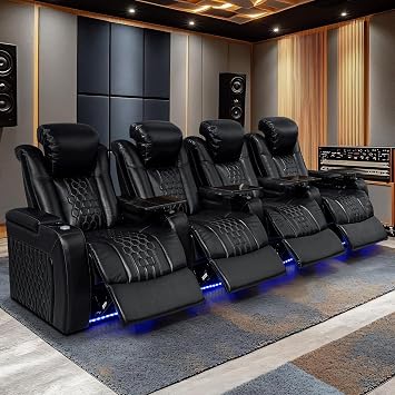 Home Theater Seating,Top-Grain Leather Recliner Sofa, Zero Gravity Power Reclining Couch with Ambient LED Lights, Cup Holders & USB, Tray Table-Row of 4 Black