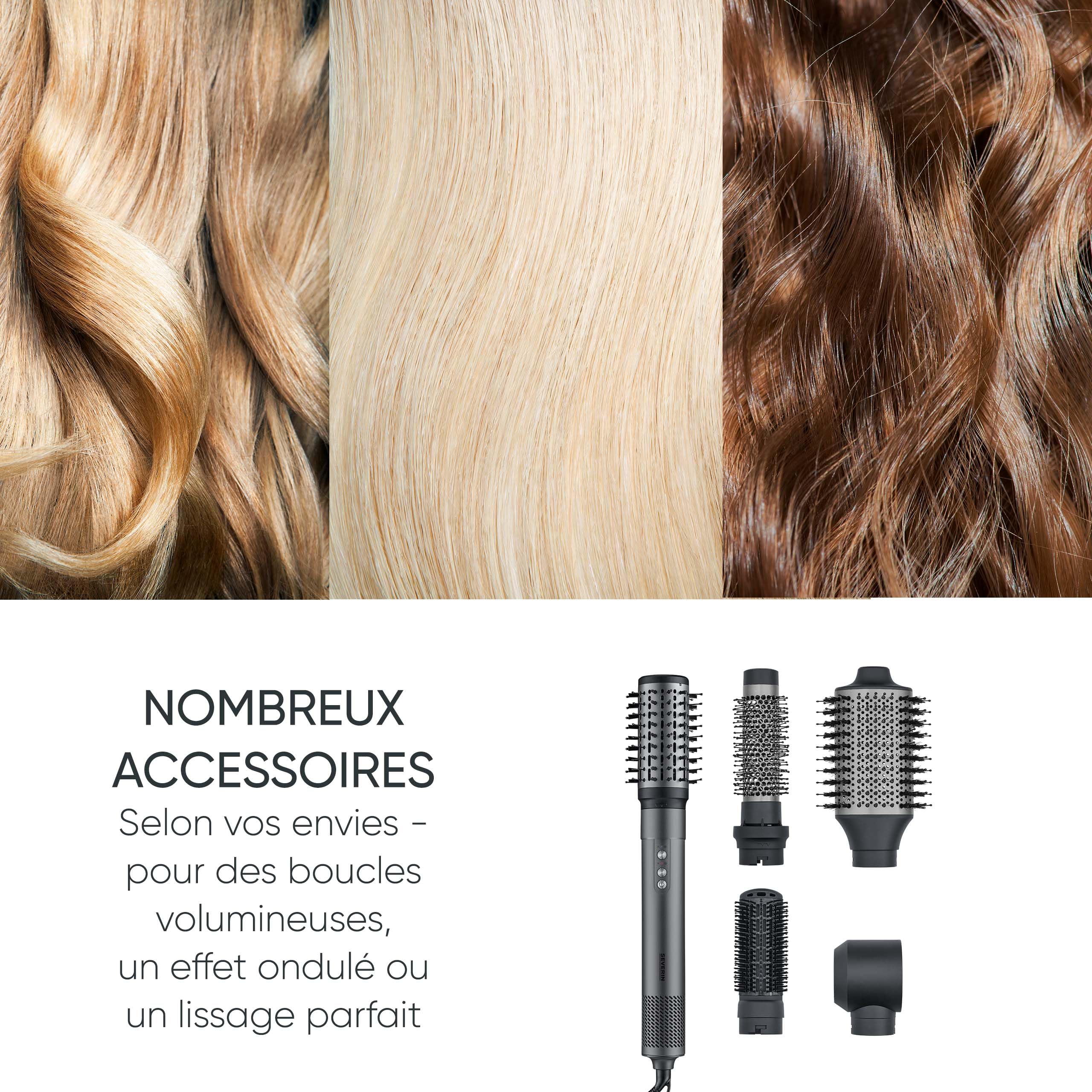 SEVERIN Brosse soufflante Multi Style 5 en 1, Brosse électrique avec 5 accessoires inclus, Sèche-cheveux, 2 brosses rondes, brosse ovale et plate, Technologie ionique, 1 500 W, Noir, WL 0684